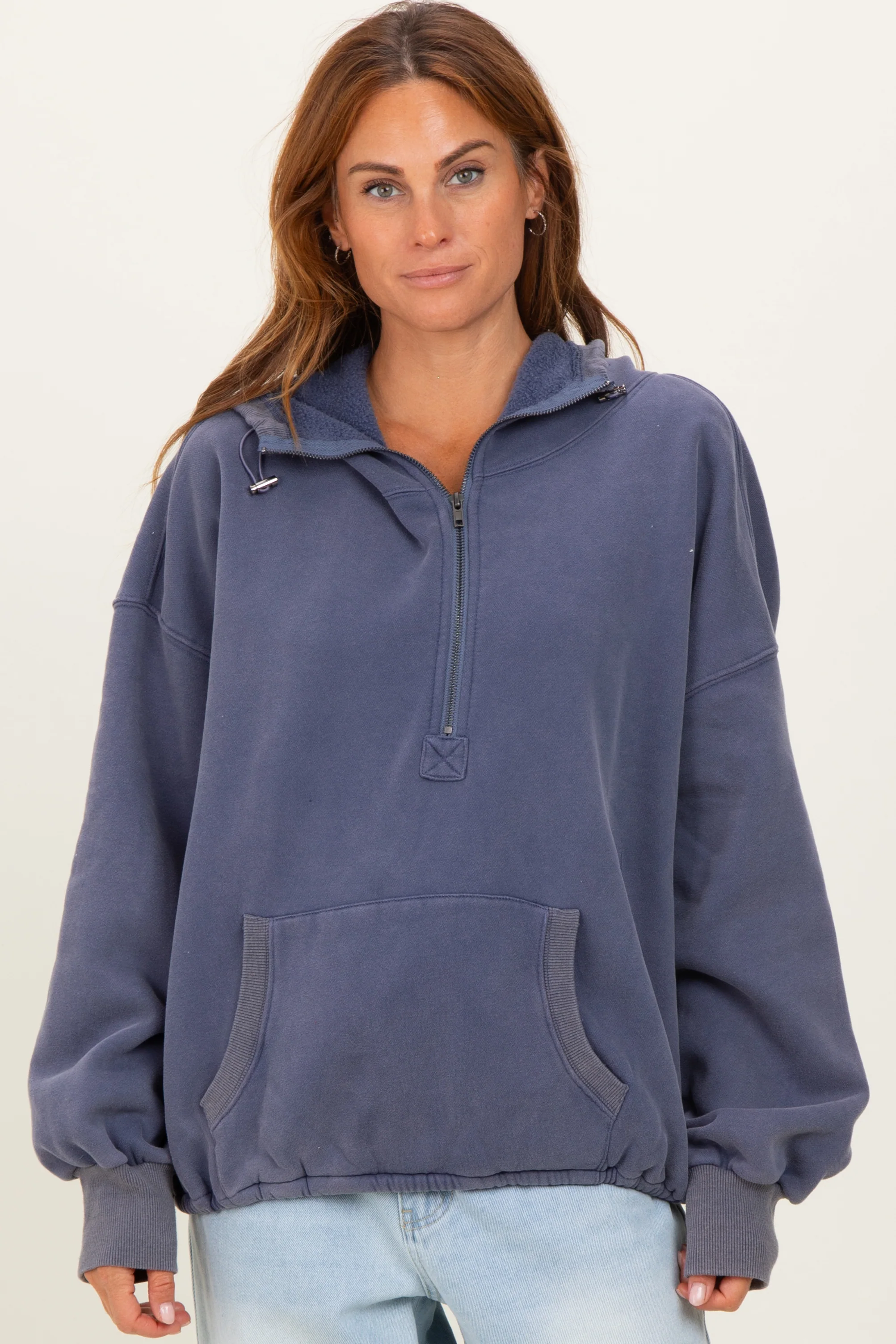 Navy Fleece Half Zip Drop Shoulder Maternity Hoodie - Image 5