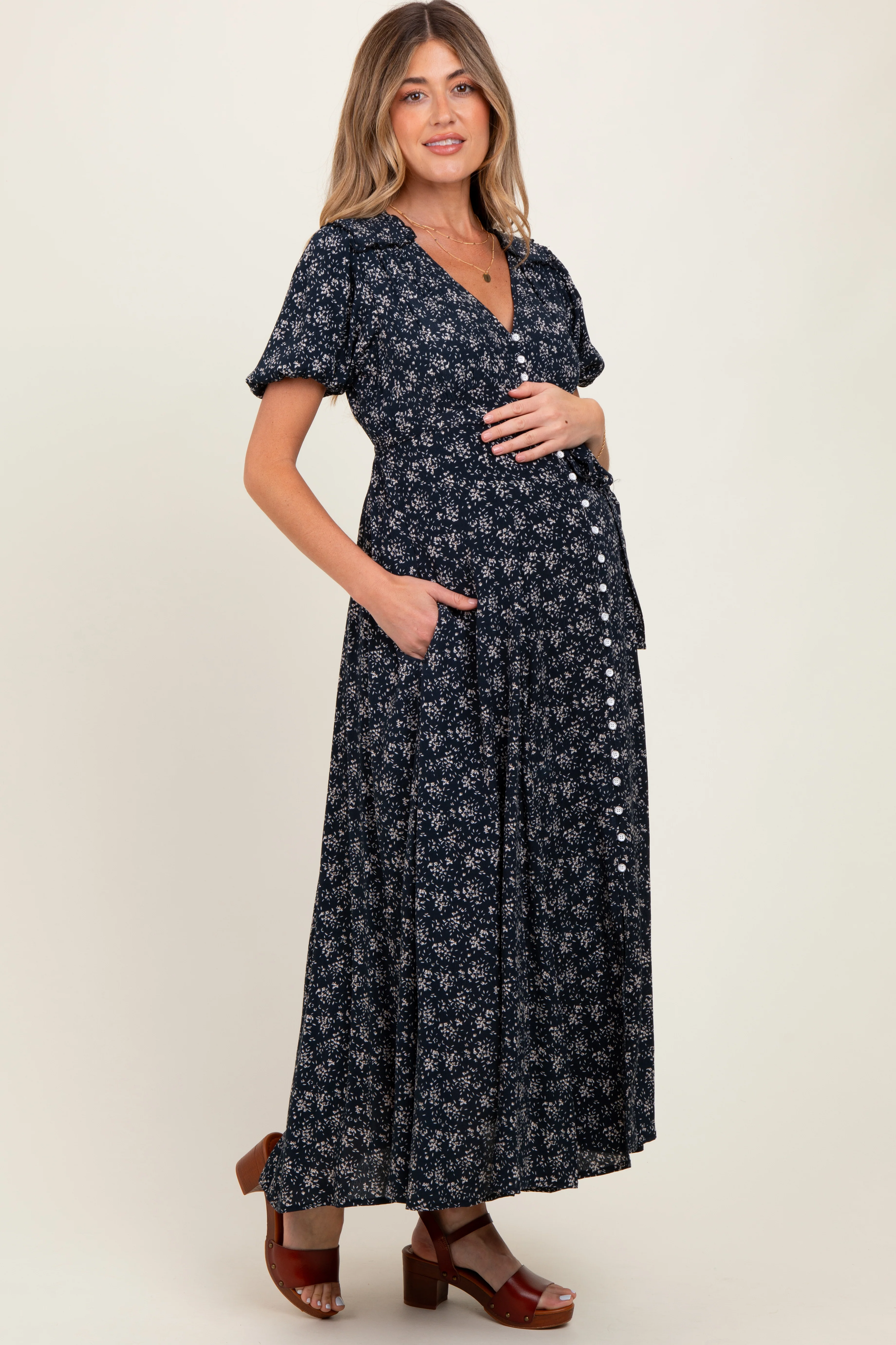Navy Floral Button Down Maternity Dress - Image 3