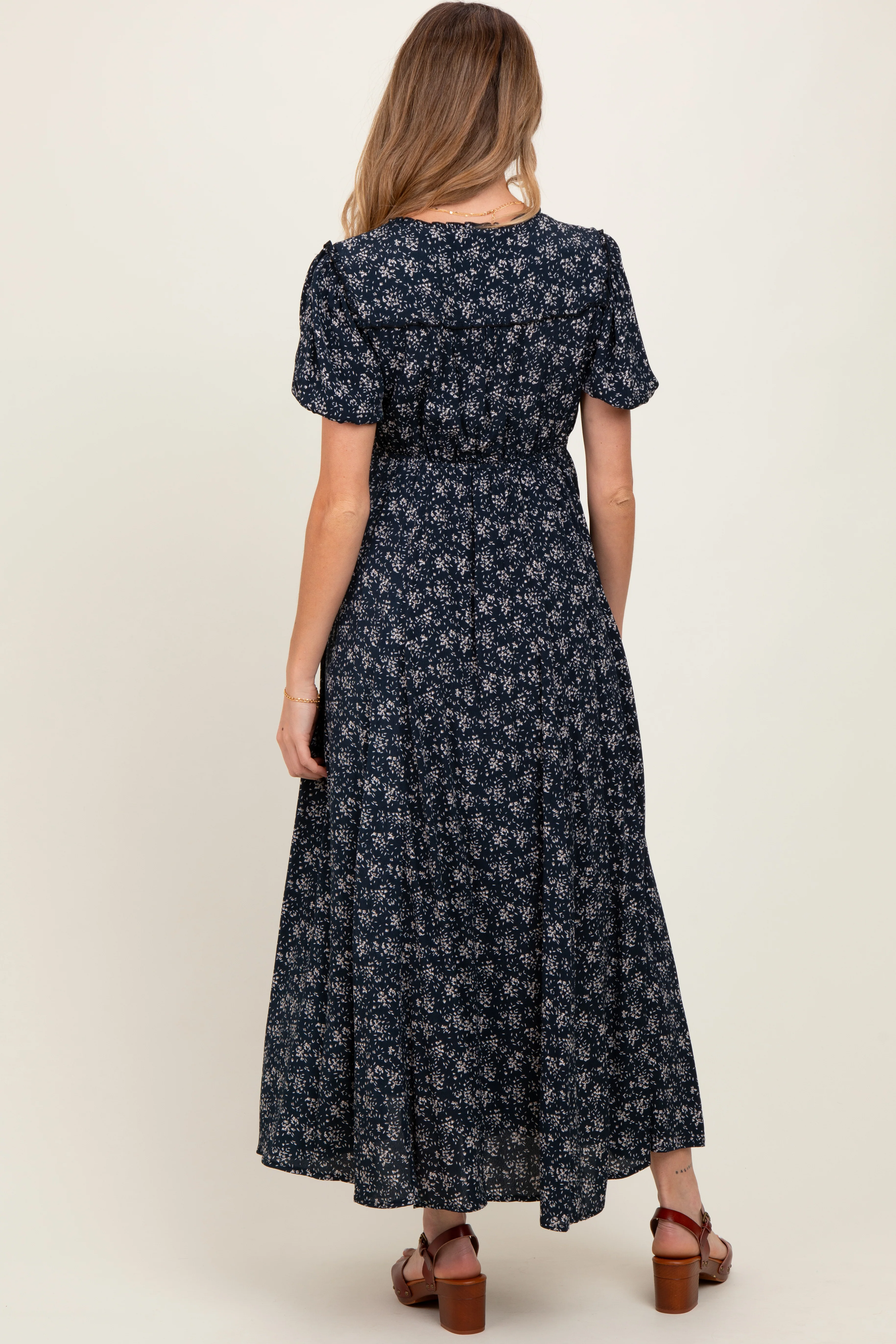 Navy Floral Button Down Maternity Dress - Image 4