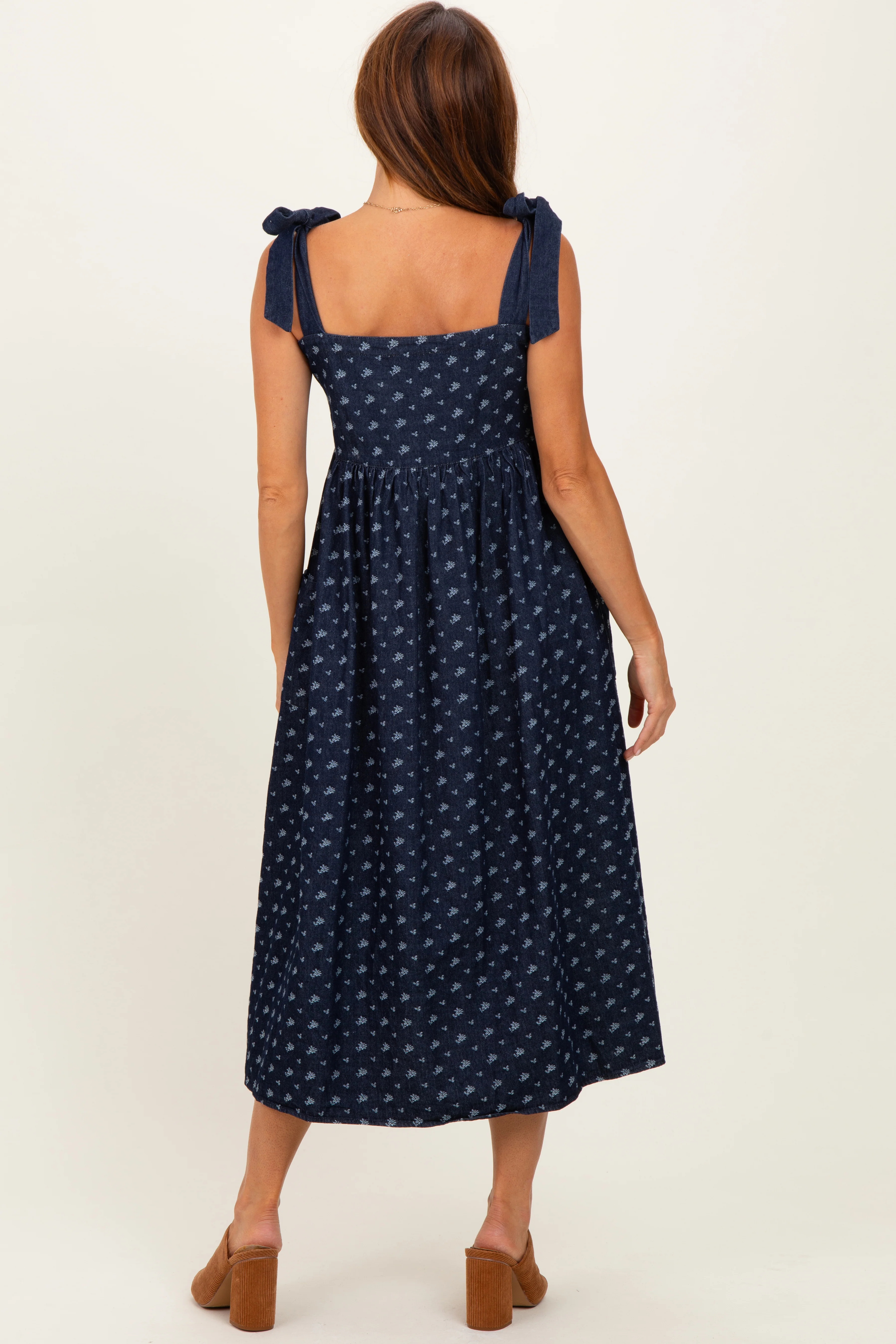 Navy Floral Button Down Shoulder Tie Midi Dress - Image 4