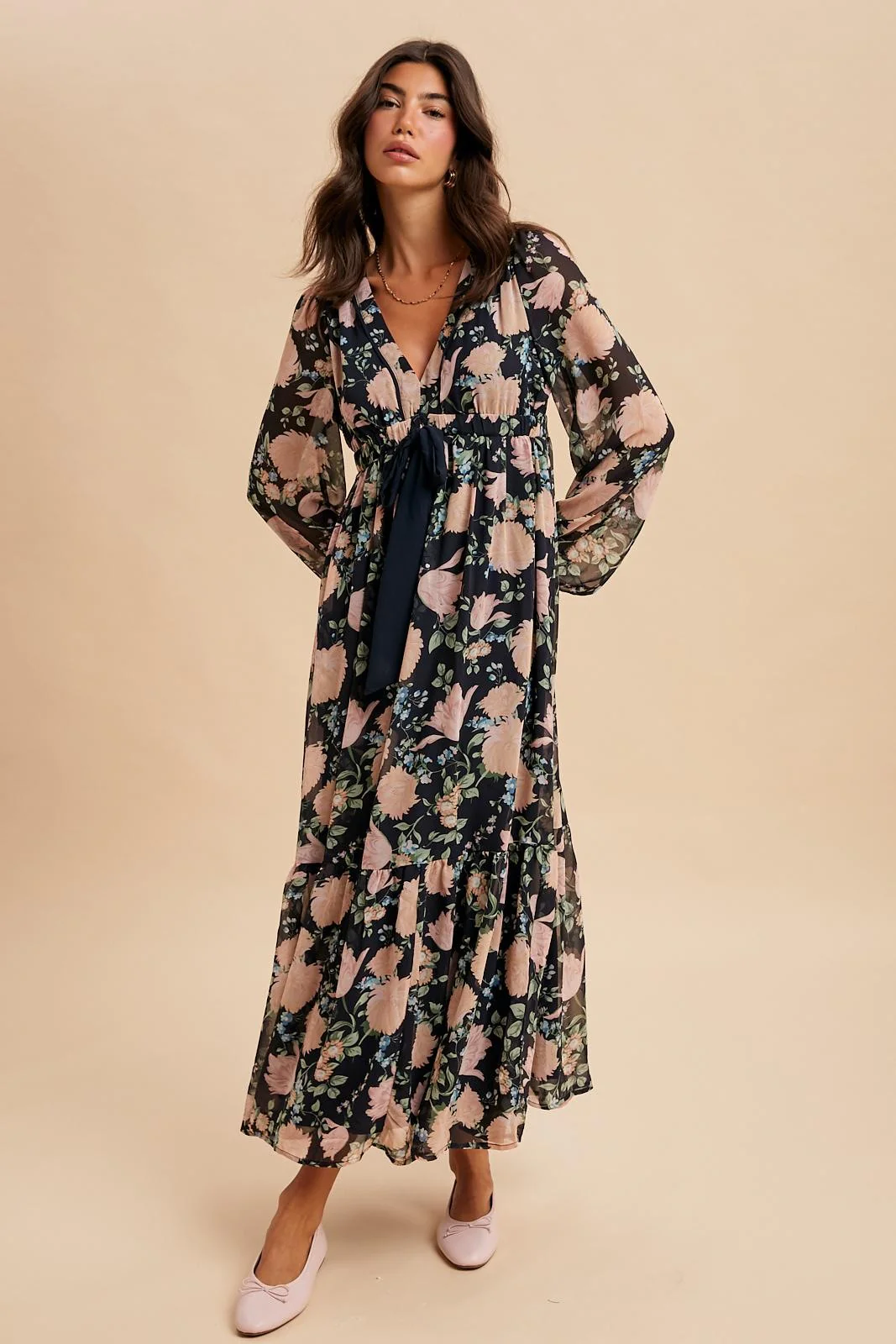 Navy Floral Chiffon Bow Tie Front Maxi Dress - Image 2