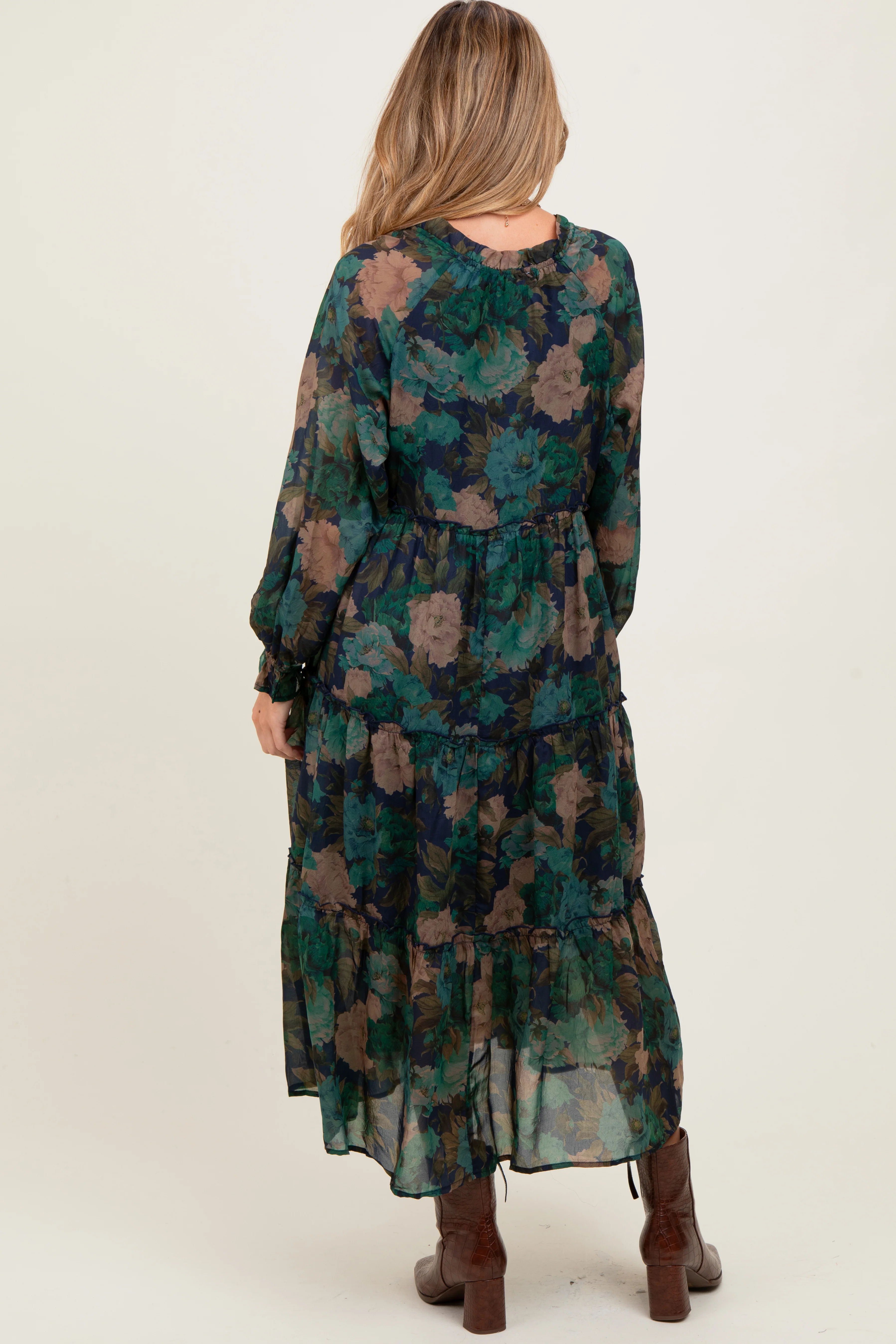 Navy Floral Chiffon Ruffle Tiered Maternity Midi Dress - Image 3