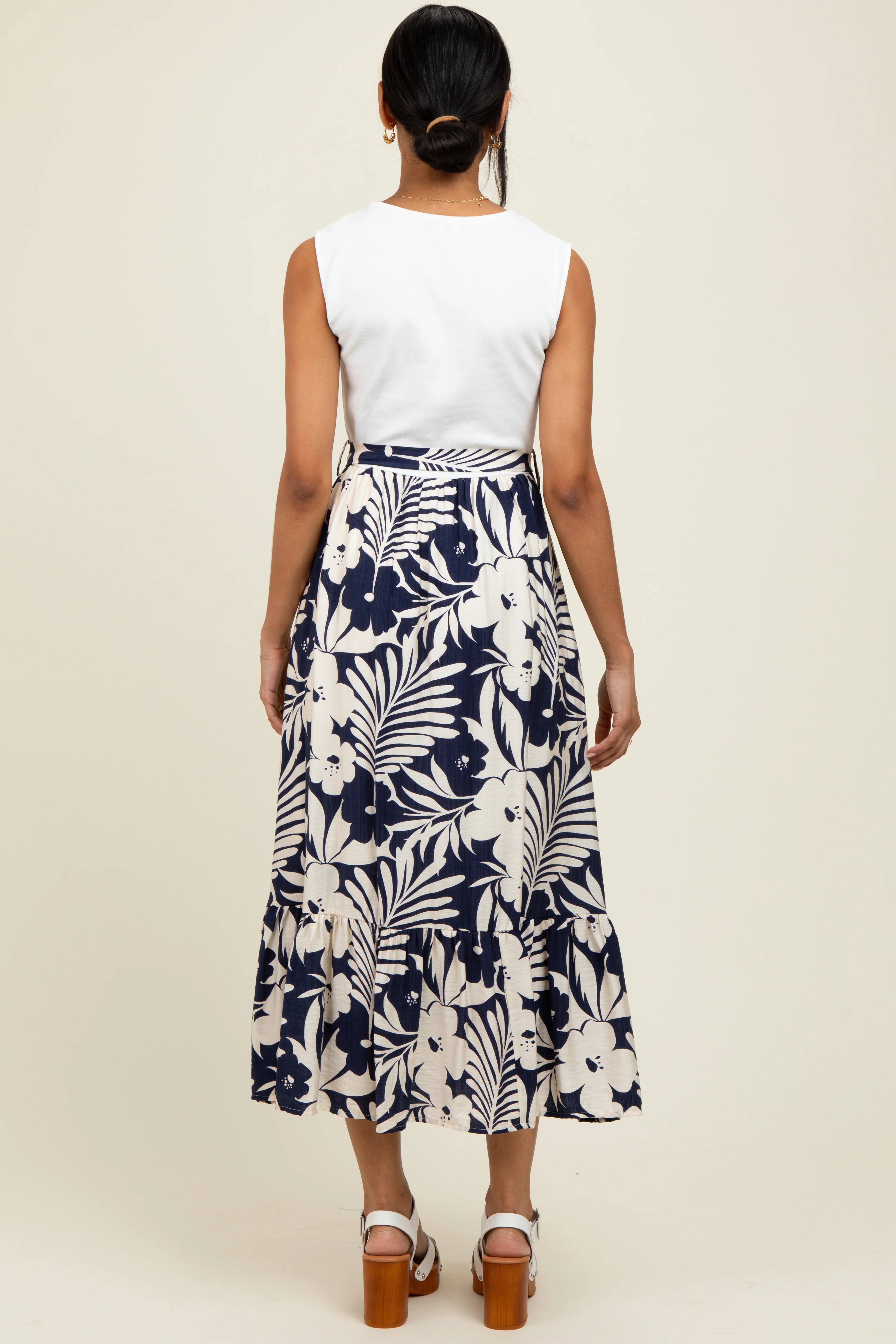 Navy Floral Contrast Top Sash Tie Sleeveless Midi Dress - Image 4