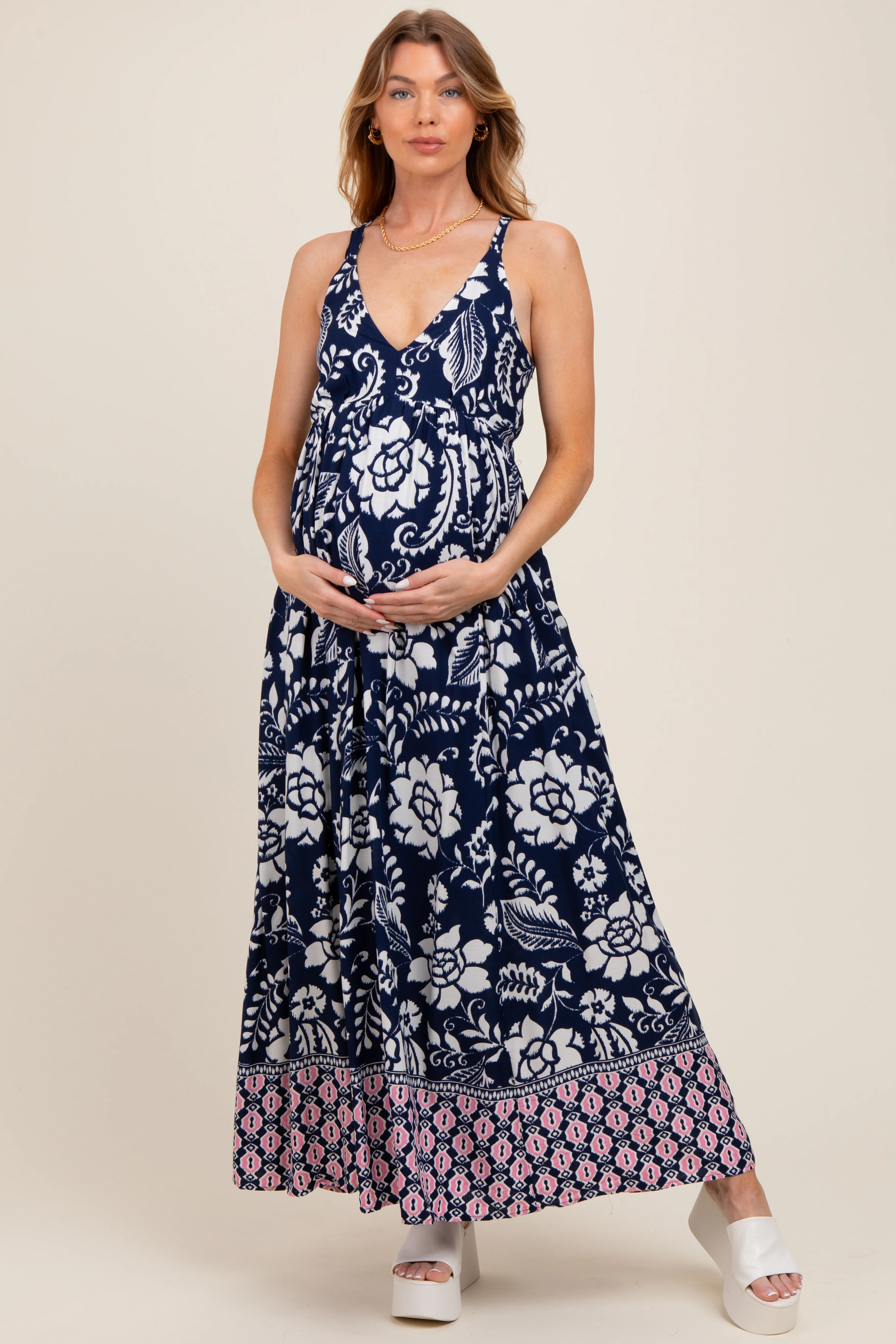 Navy Floral Crisscross Back Cutout Maternity Maxi Dress - Image 3