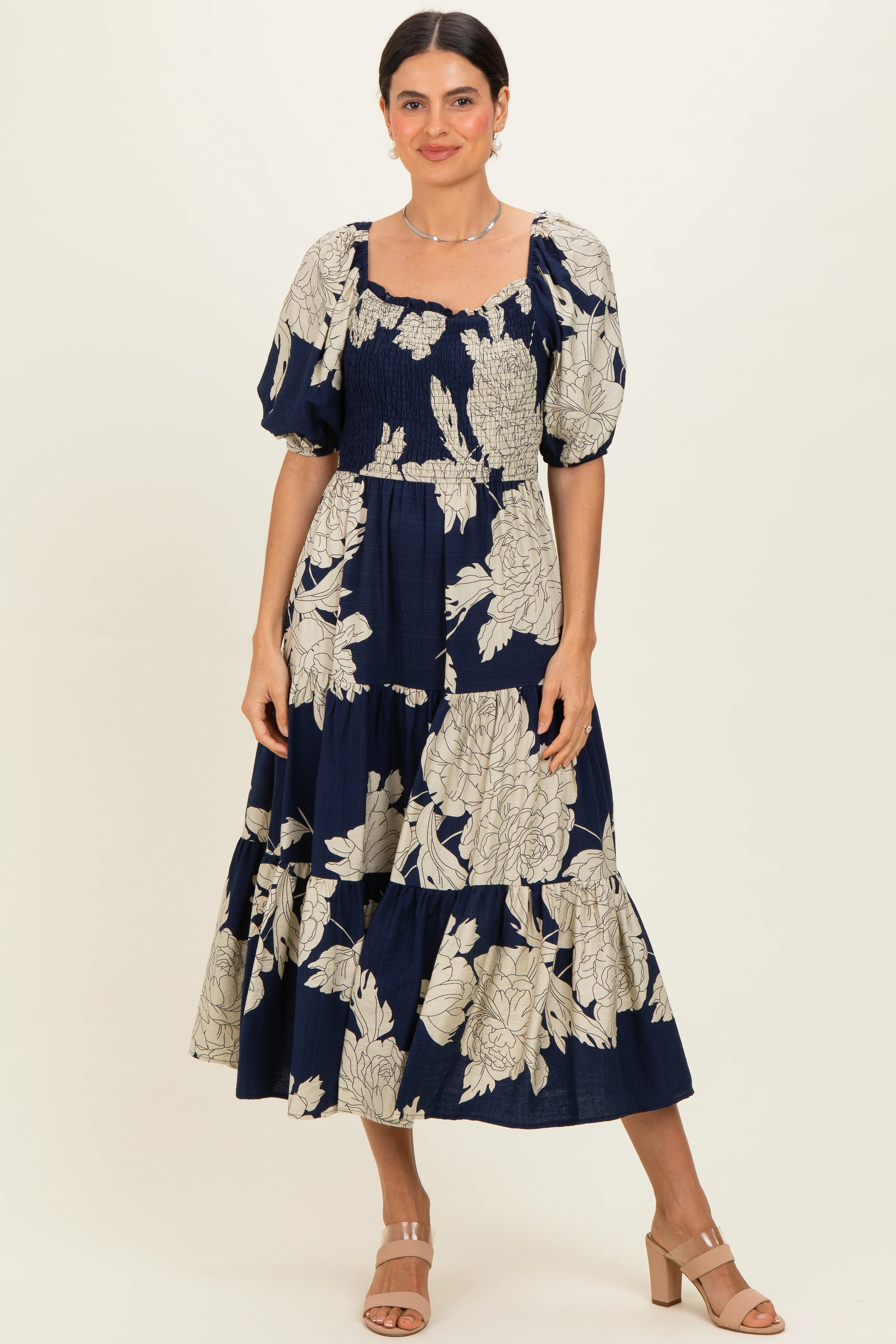 Navy Floral Cutout Tie Back Maternity Midi Dress - Image 4