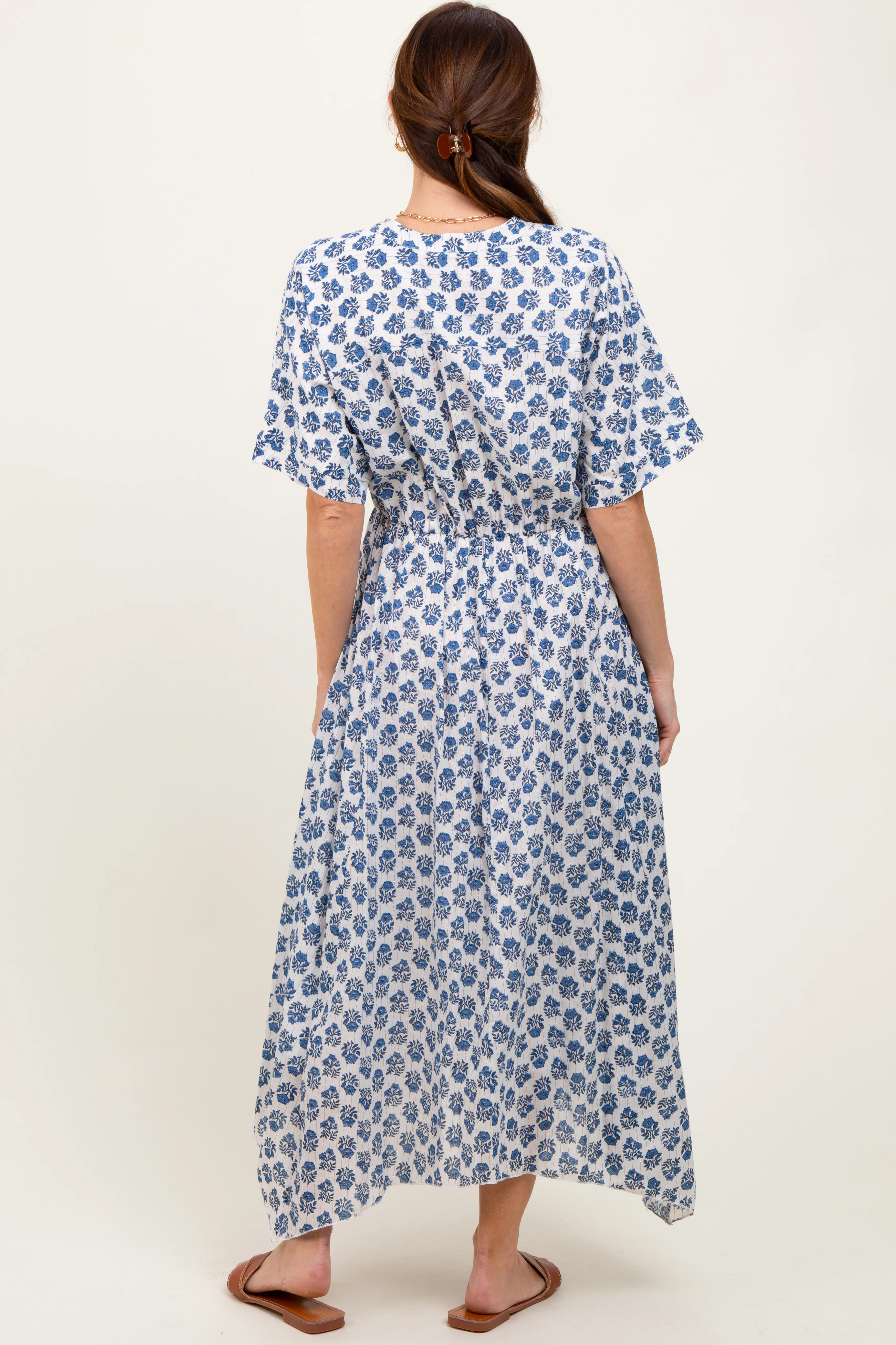 Navy Floral Deep V-Neck Handkerchief Hem Maxi Dress - Image 4