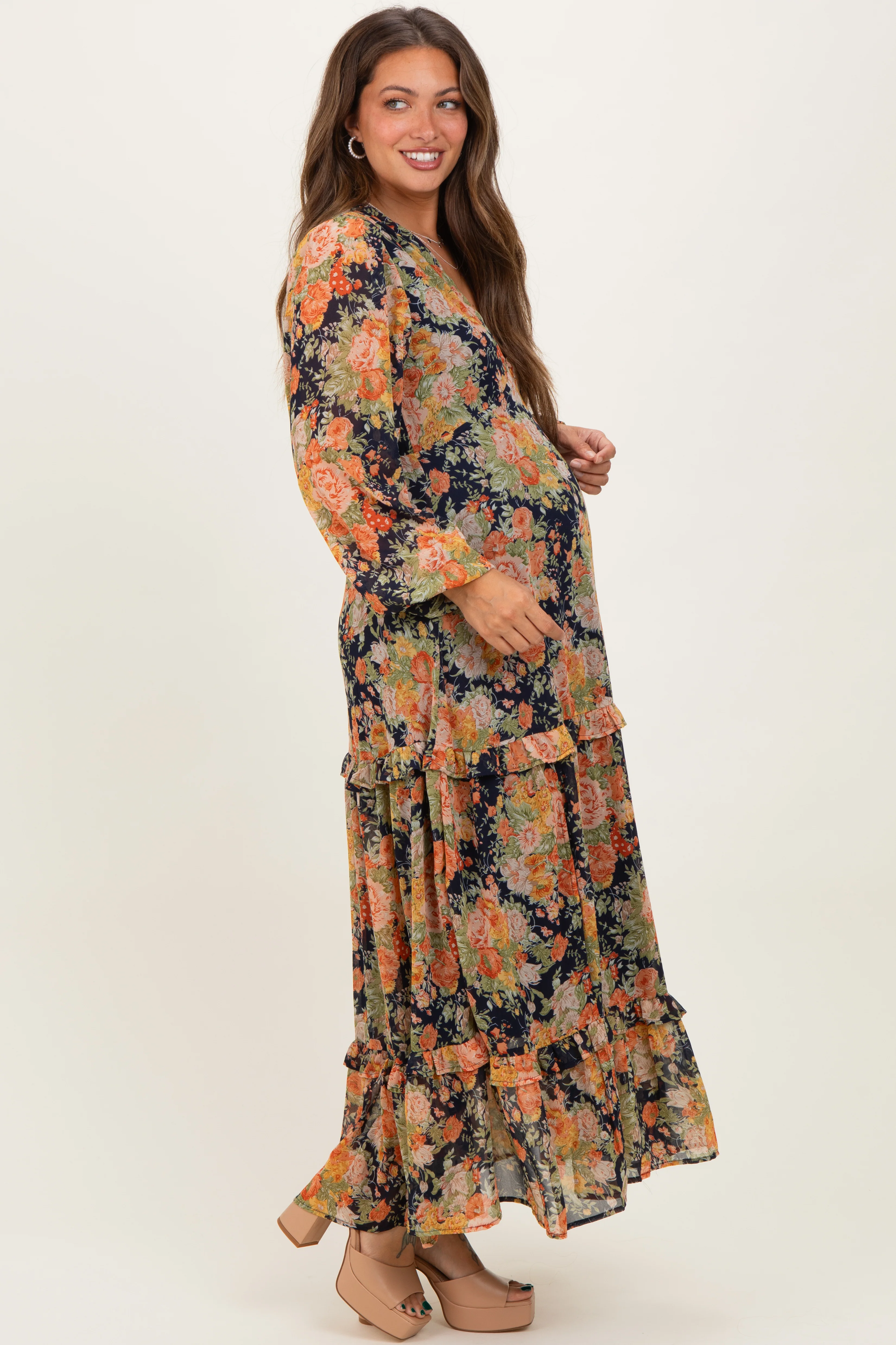 Navy Floral Deep V-Neck Tiered Maternity Maxi Dress - Image 3