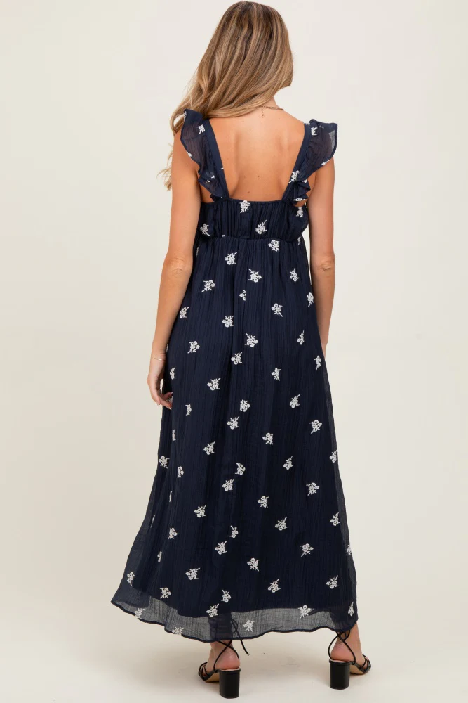 Navy Floral Embroidered V-Neck Maternity Midi Dress - Image 3