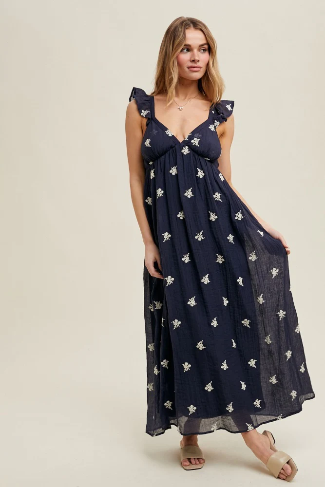 Navy Floral Embroidered V-Neck Maternity Midi Dress - Image 4