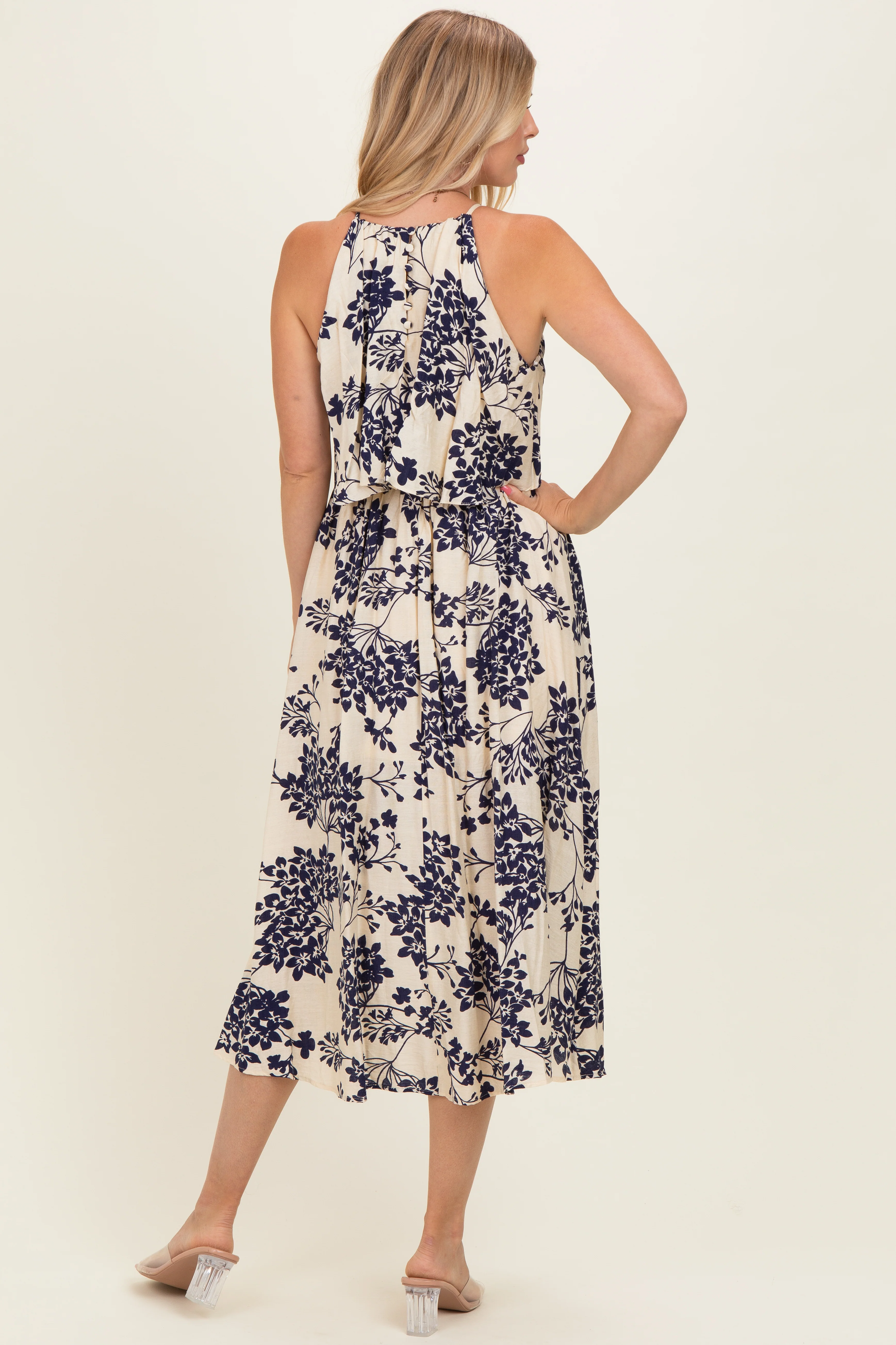Navy Floral Flounce Halter Midi Dress - Image 3