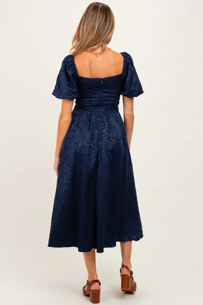 Navy Floral Jacquard Puff Sleeve Maternity Midi Dress - Image 5