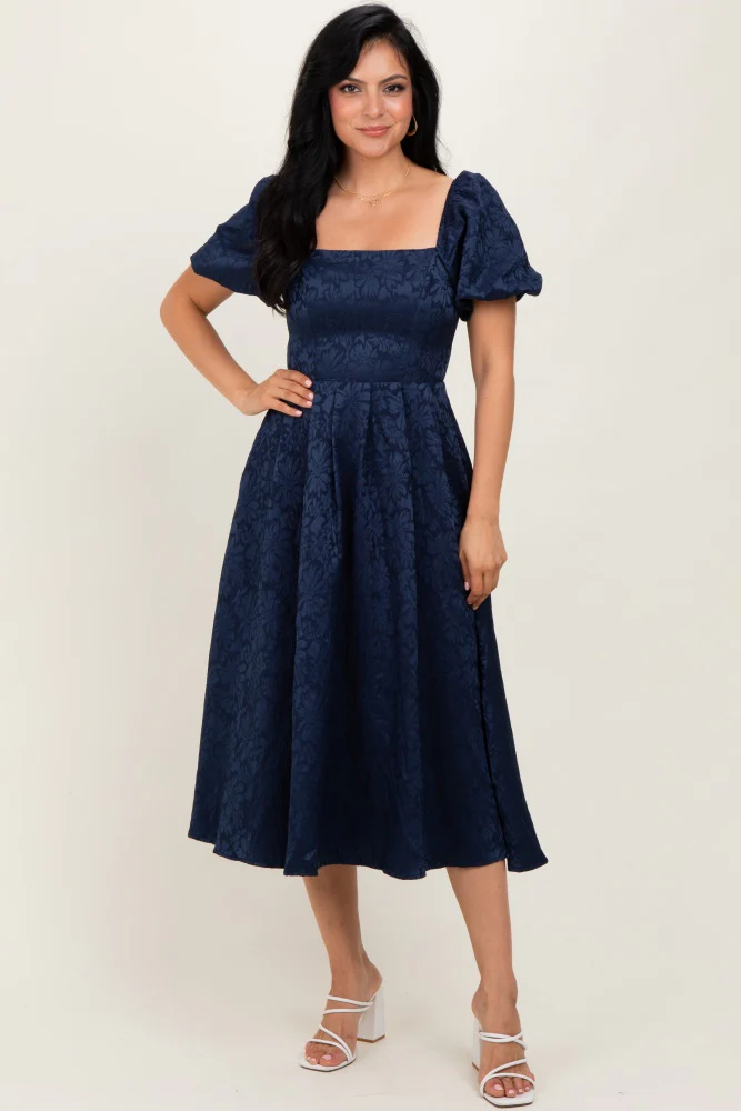 Navy Floral Jacquard Puff Sleeve Maternity Midi Dress - Image 6