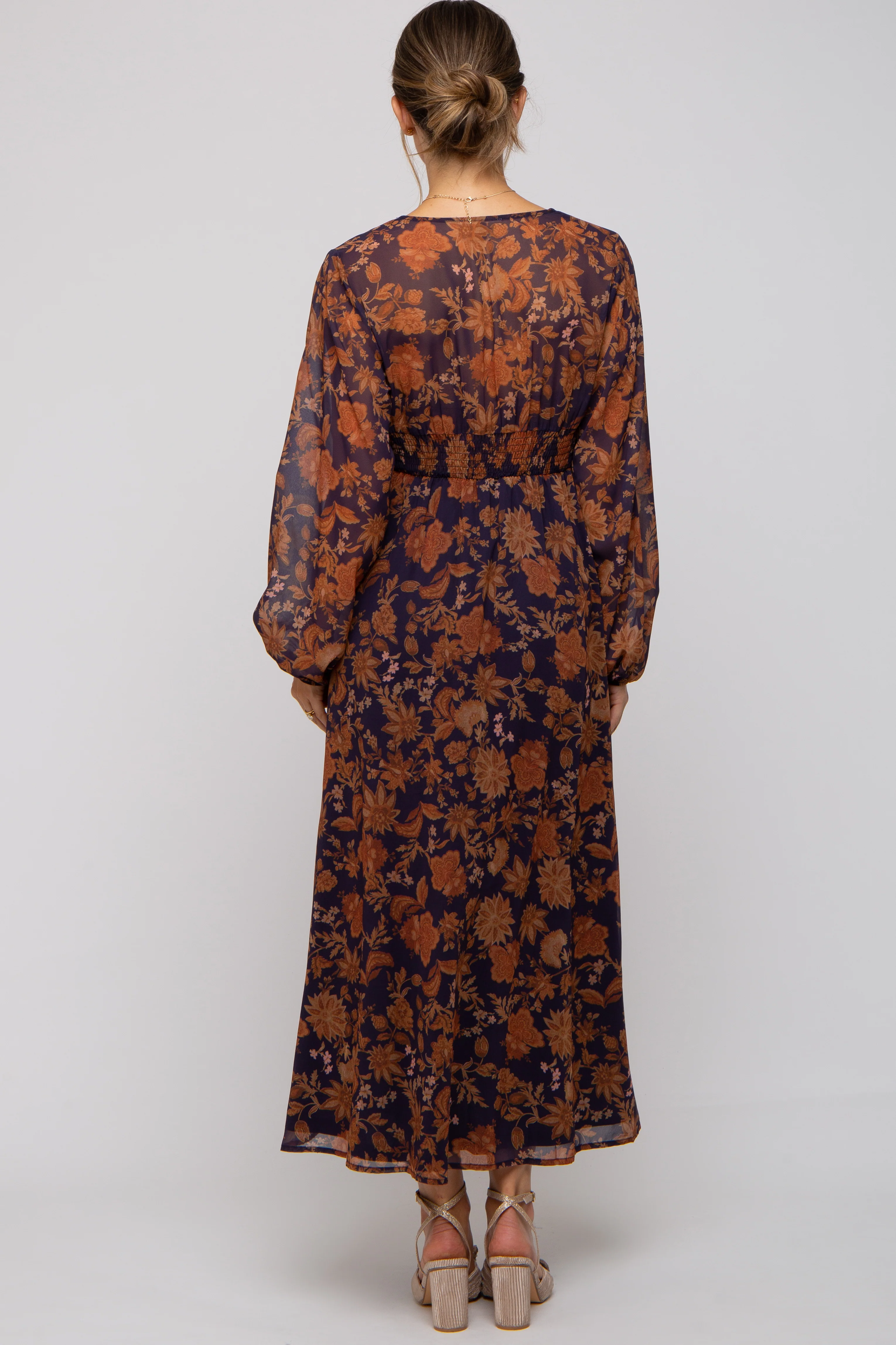 Navy Floral Long Sleeve V-Neck Maternity Maxi Dress - Image 3