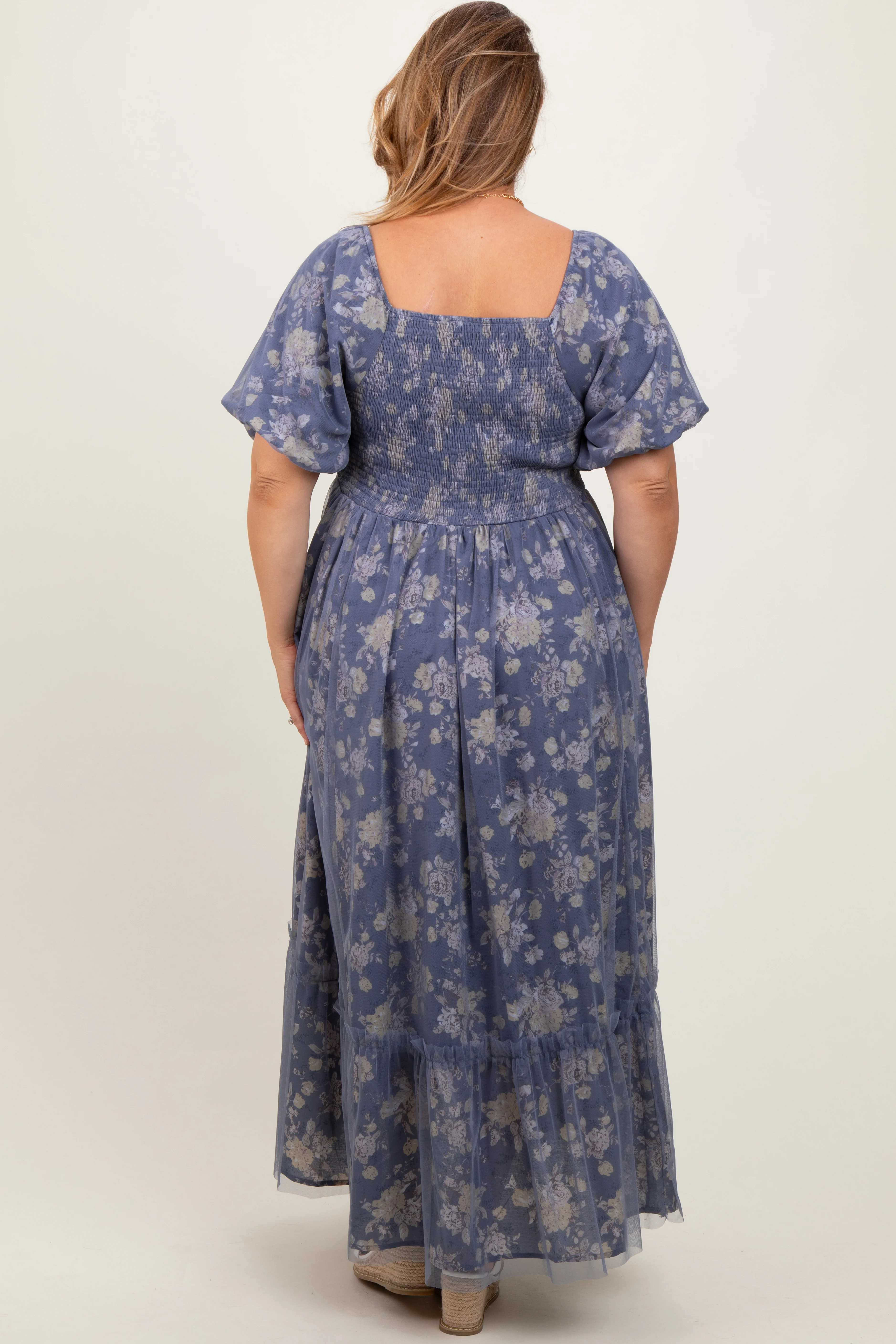 Navy Floral Mesh Square Neck Short Puff Sleeve Maternity Plus Midi Dress - Image 4