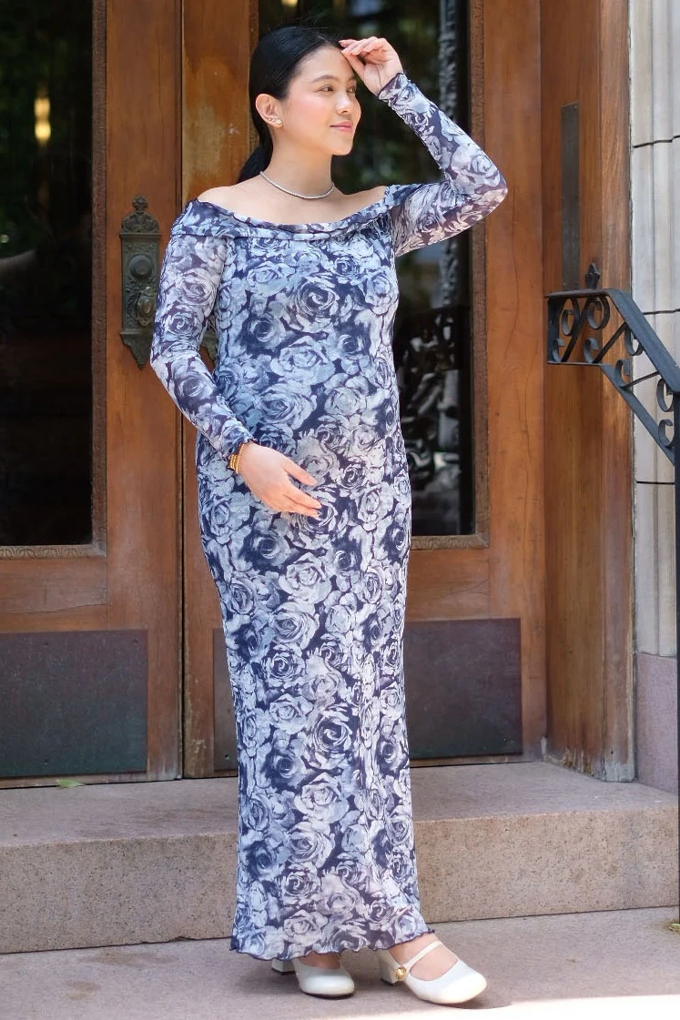 Navy Floral Off Shoulder Mesh Knit Maternity Midi Dress - Image 6