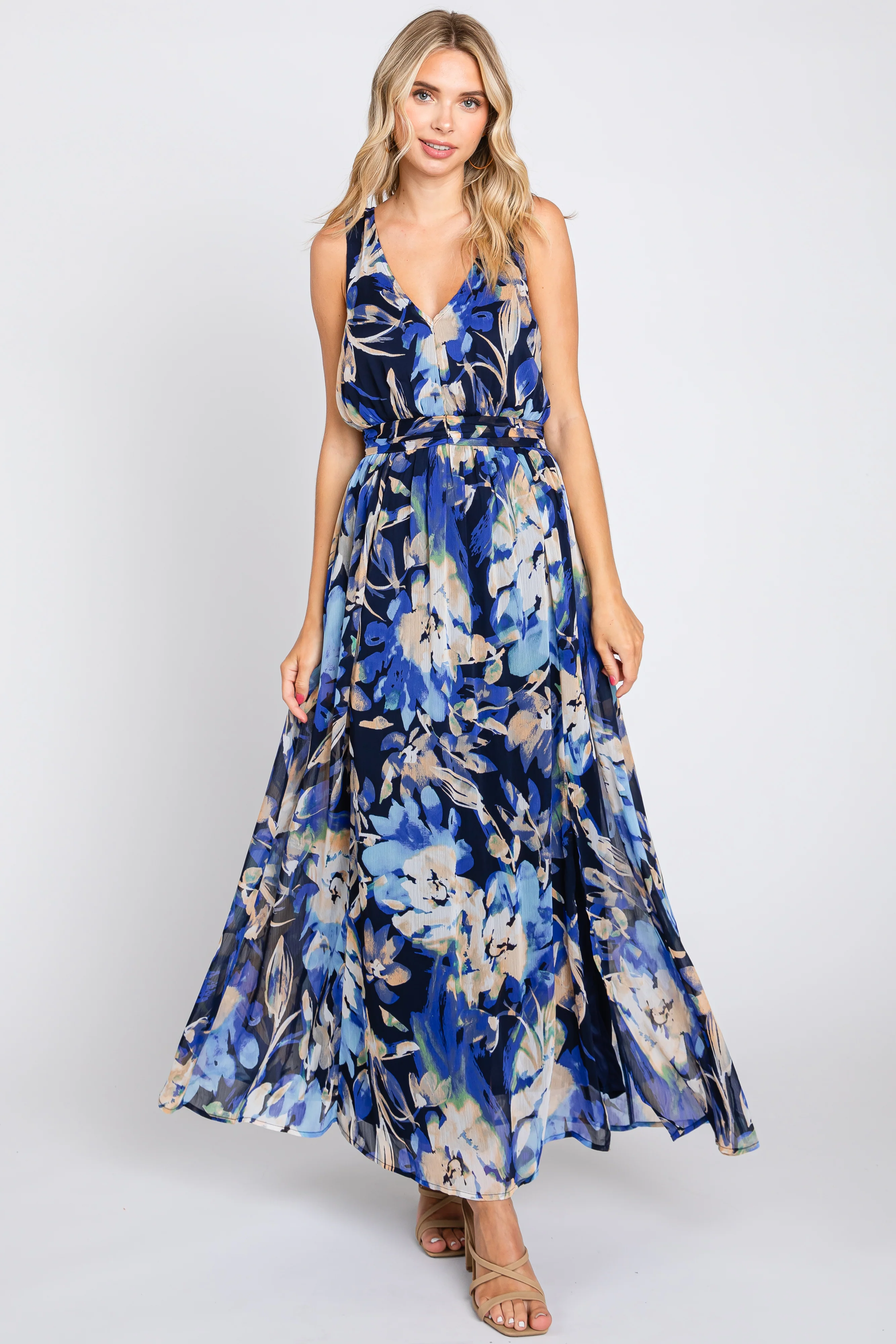 Navy Floral Pleated Waist Maternity Maxi Dress - Image 4