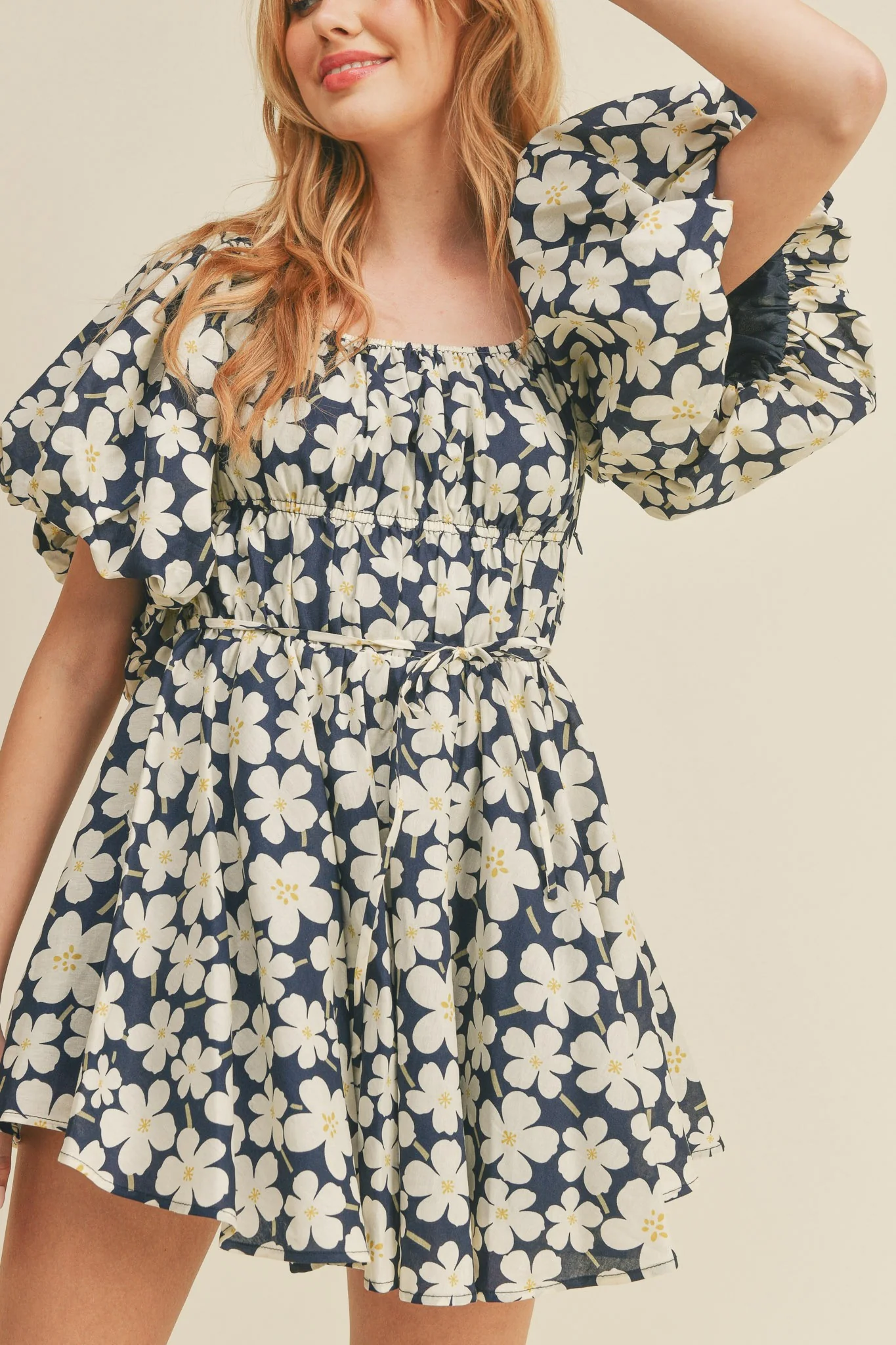 Navy Floral Print Bubble Sleeve Flared Mini Dress - Image 4