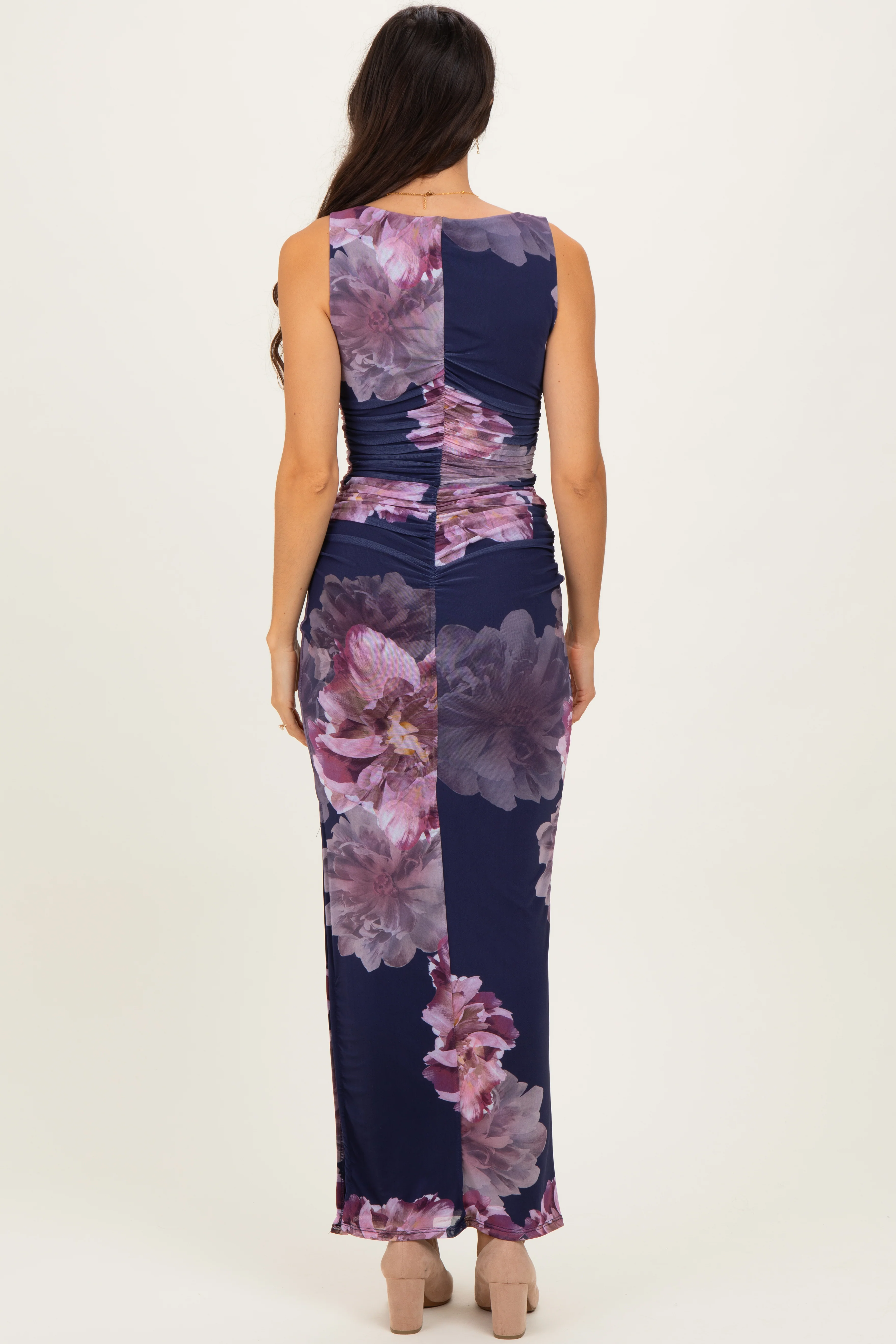 Navy Floral Ruched Sleeveless Midi Dress - Image 4