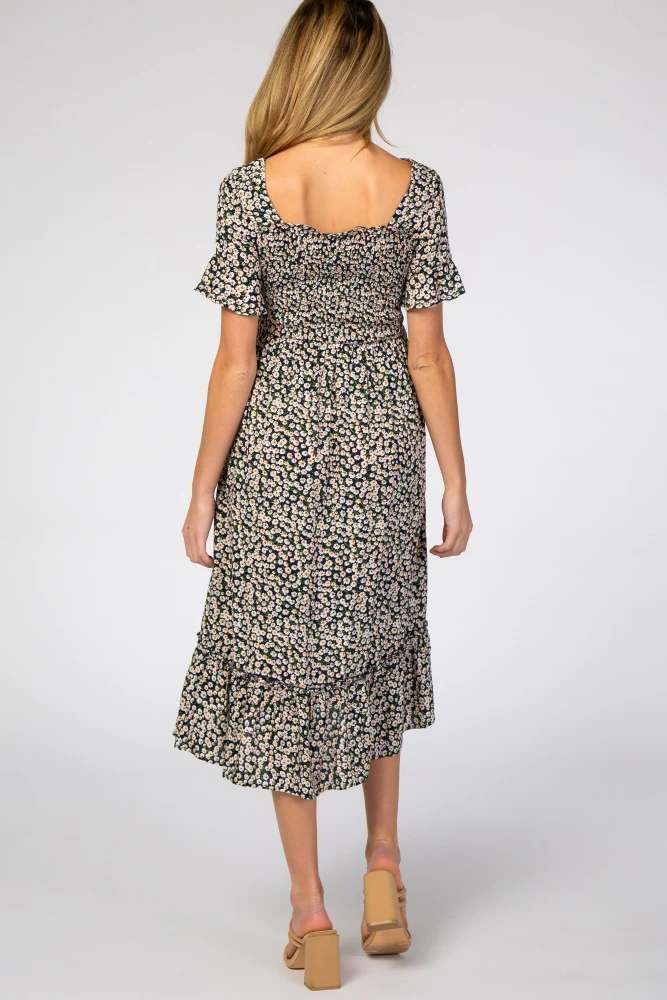 Navy Floral Ruffle Maternity Midi Dress - Image 3