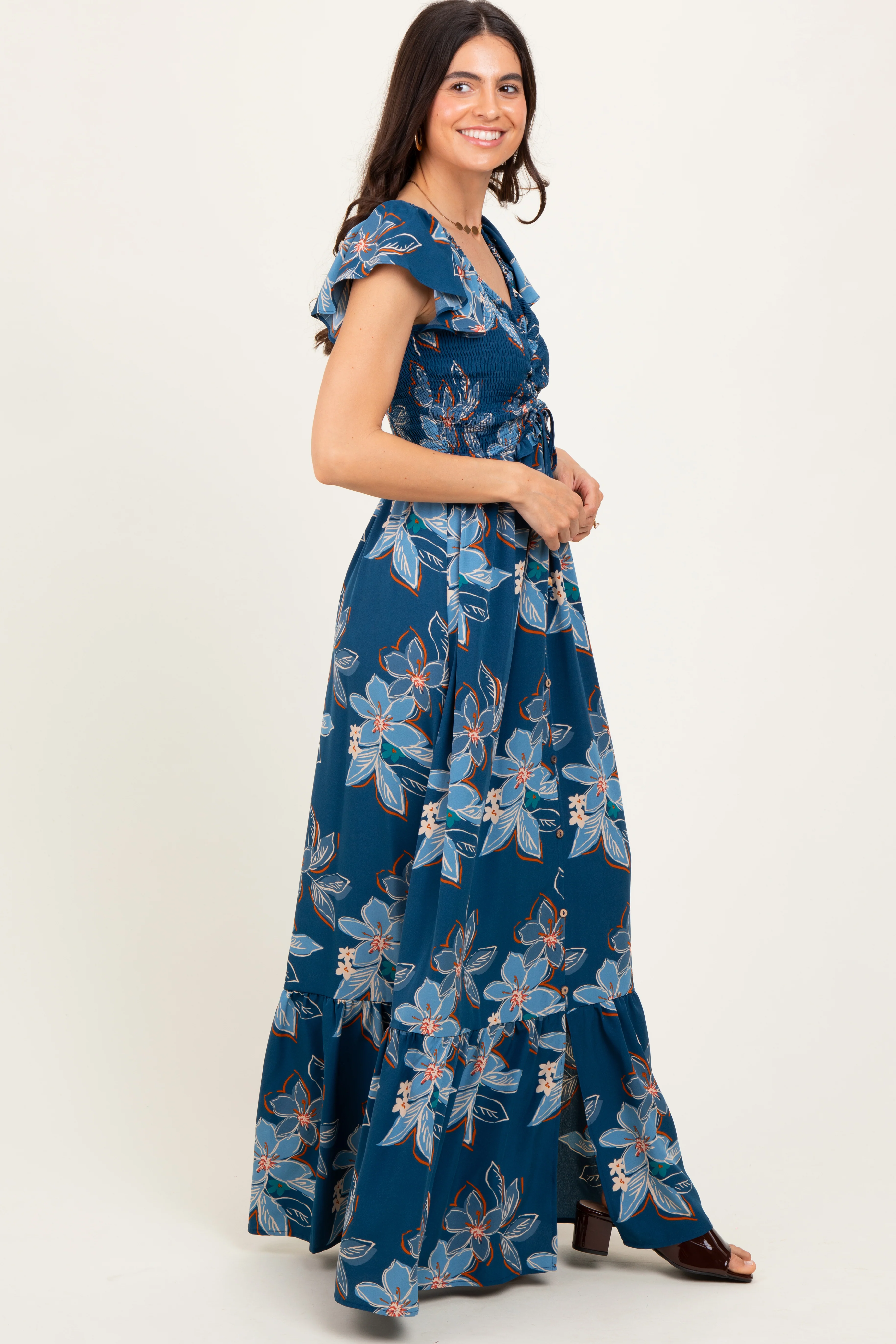 Navy Floral Smocked Cinched Top Maxi Dress - Image 3