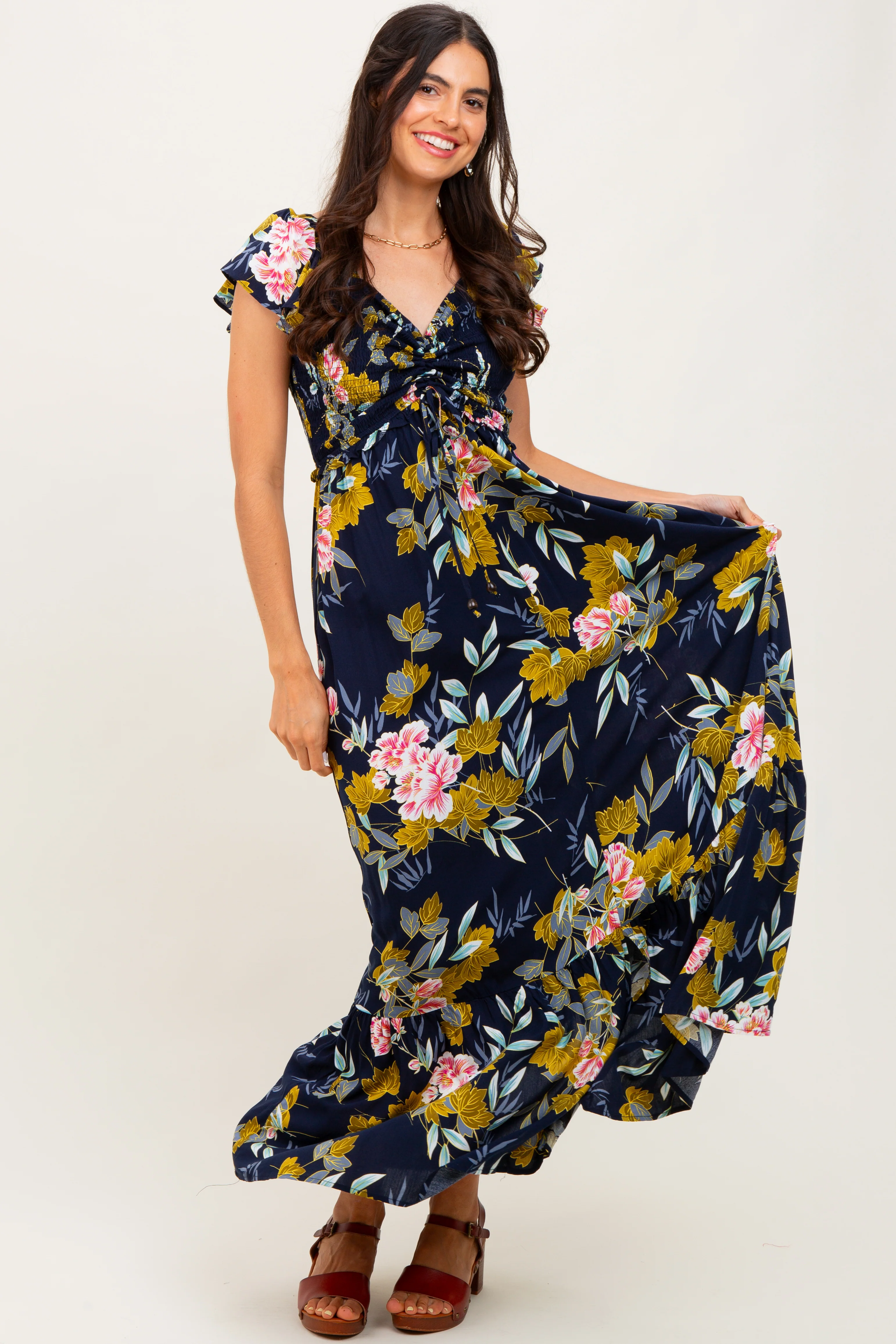 Navy Floral Smocked Cinched Top Maxi Dress - Image 2