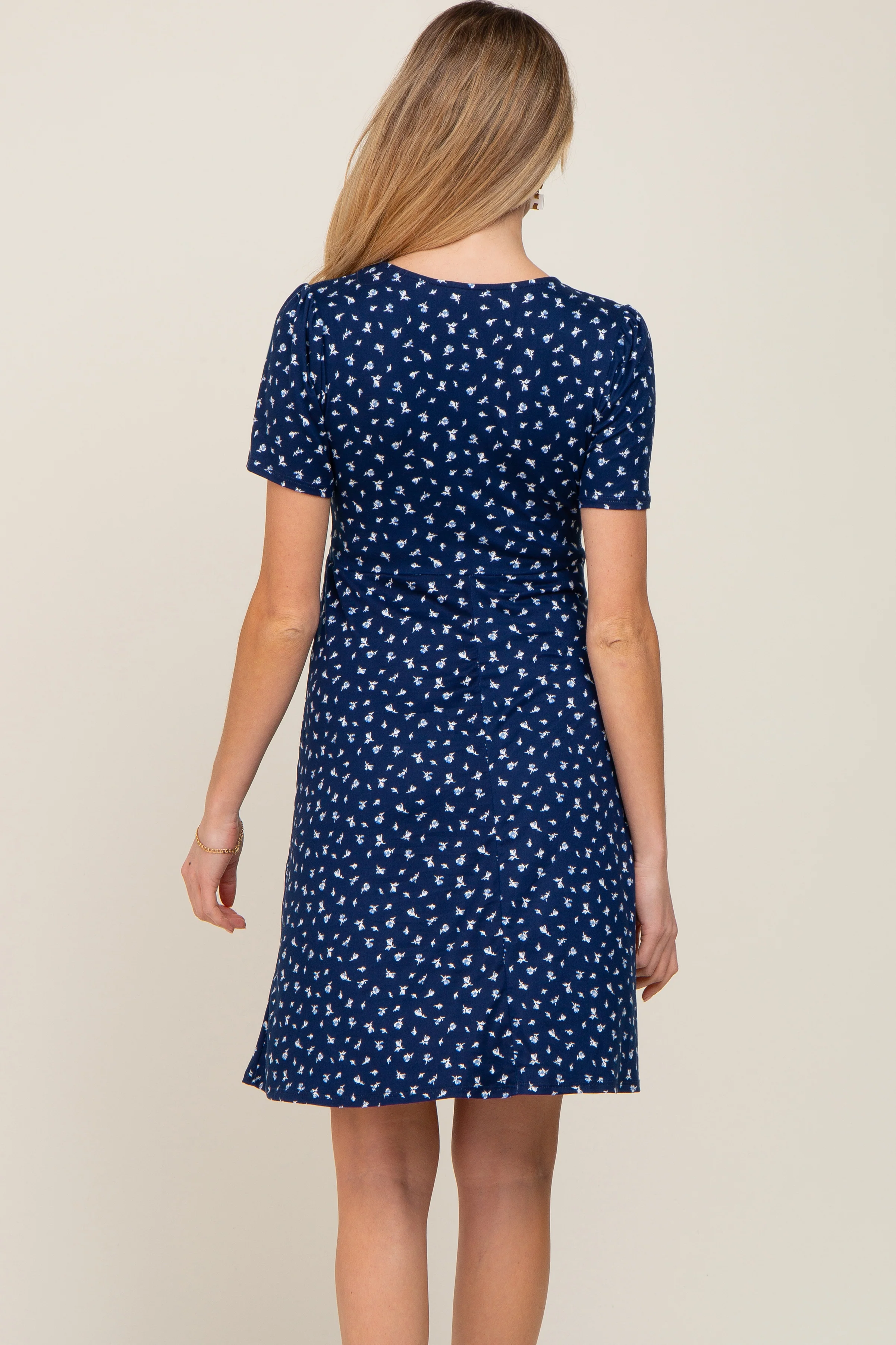Navy Floral Smocked Short Sleeve Maternity Dress - Image 3