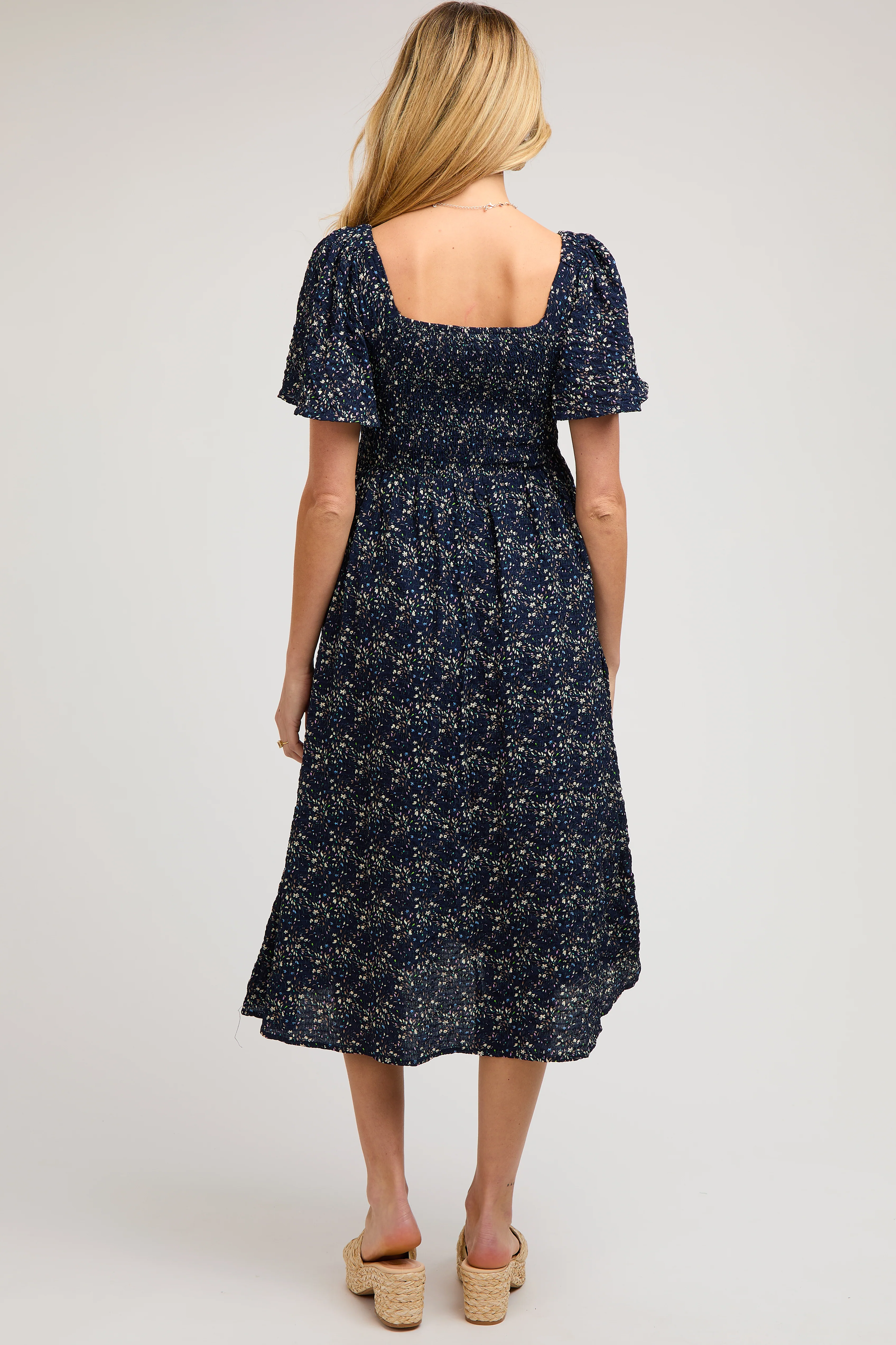 Navy Floral Square Neck Smocked Maternity Midi Dress - Image 4