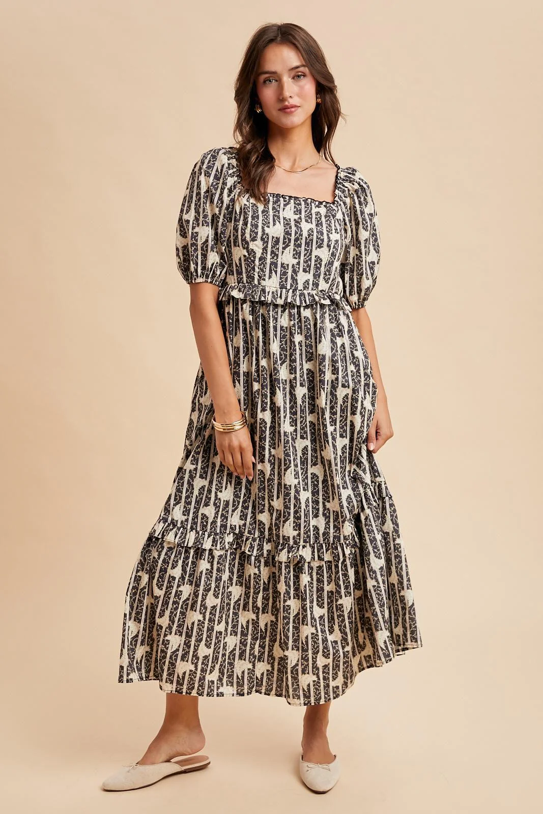 Navy Floral Stripe Ruffle Accent Maternity Midi Dress - Image 4