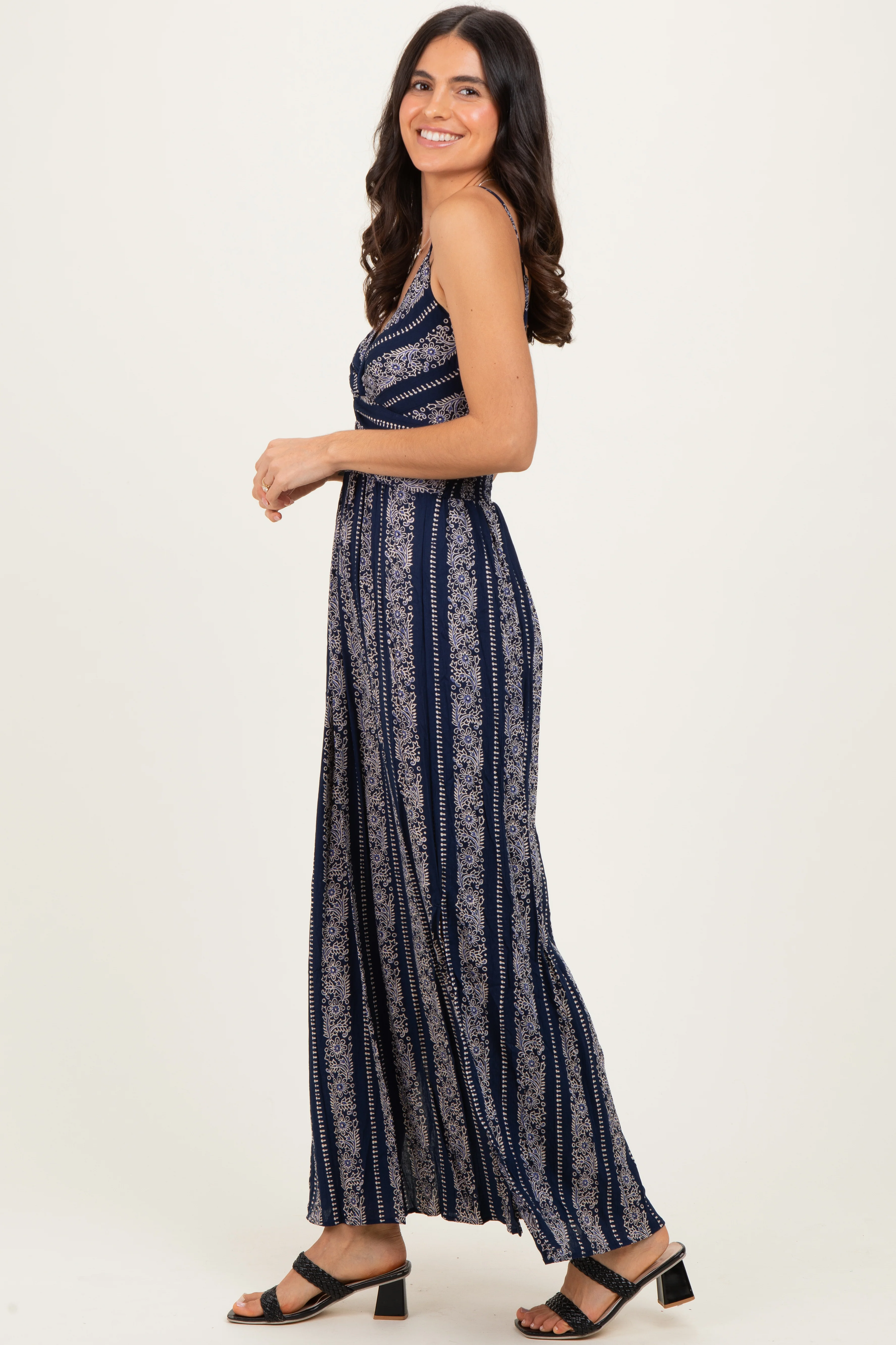 Navy Floral Stripe Twisted Front Maxi Dress - Image 3