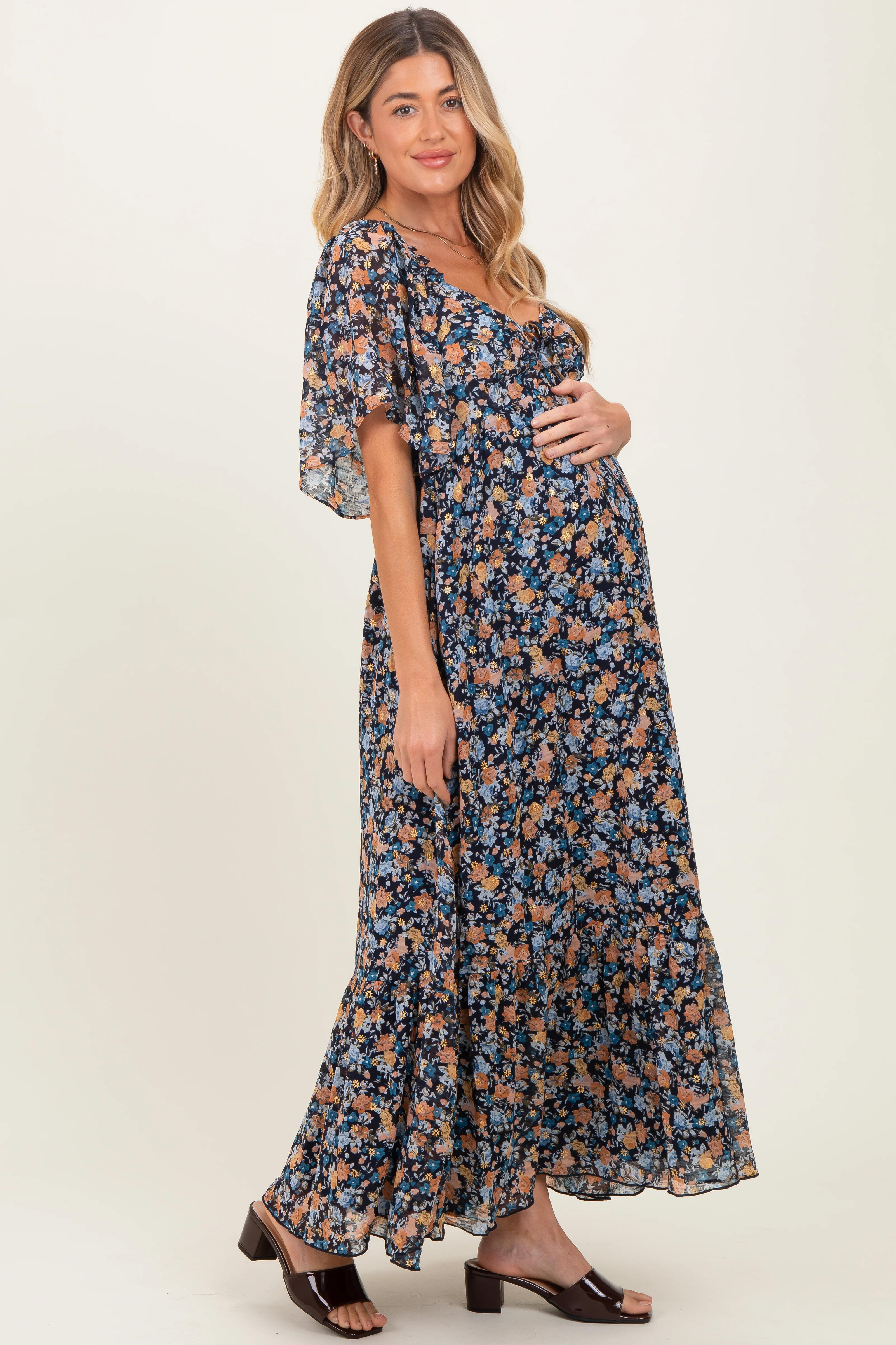 Navy Floral Sweetheart Neck Flutter Sleeve Maternity Maxi Dress - Image 2