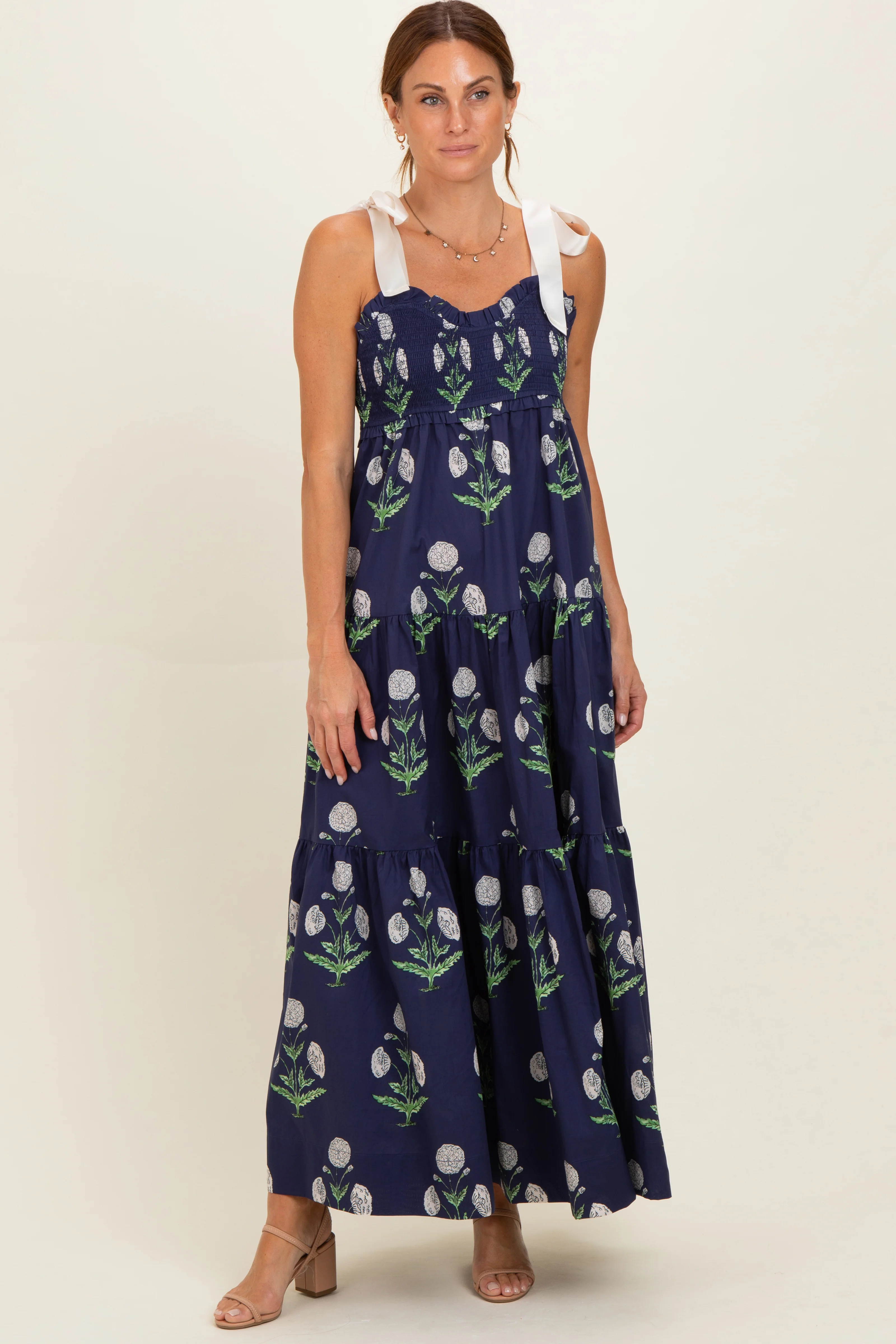 Navy Floral Sweetheart Neckline Smocked Maternity Maxi Dress - Image 4
