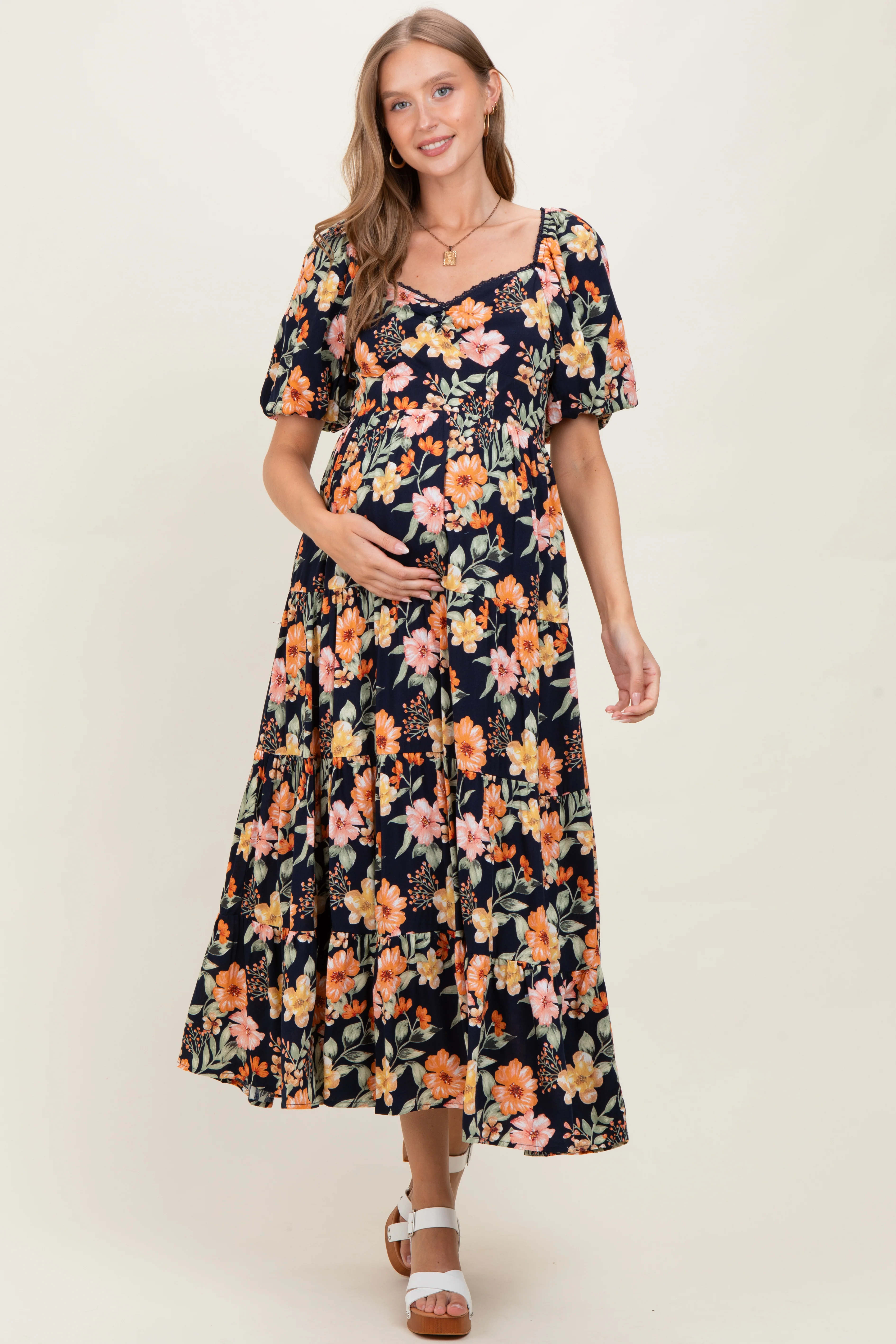 Navy Floral Tiered Puff Sleeve Maternity Maxi Dress - Image 2