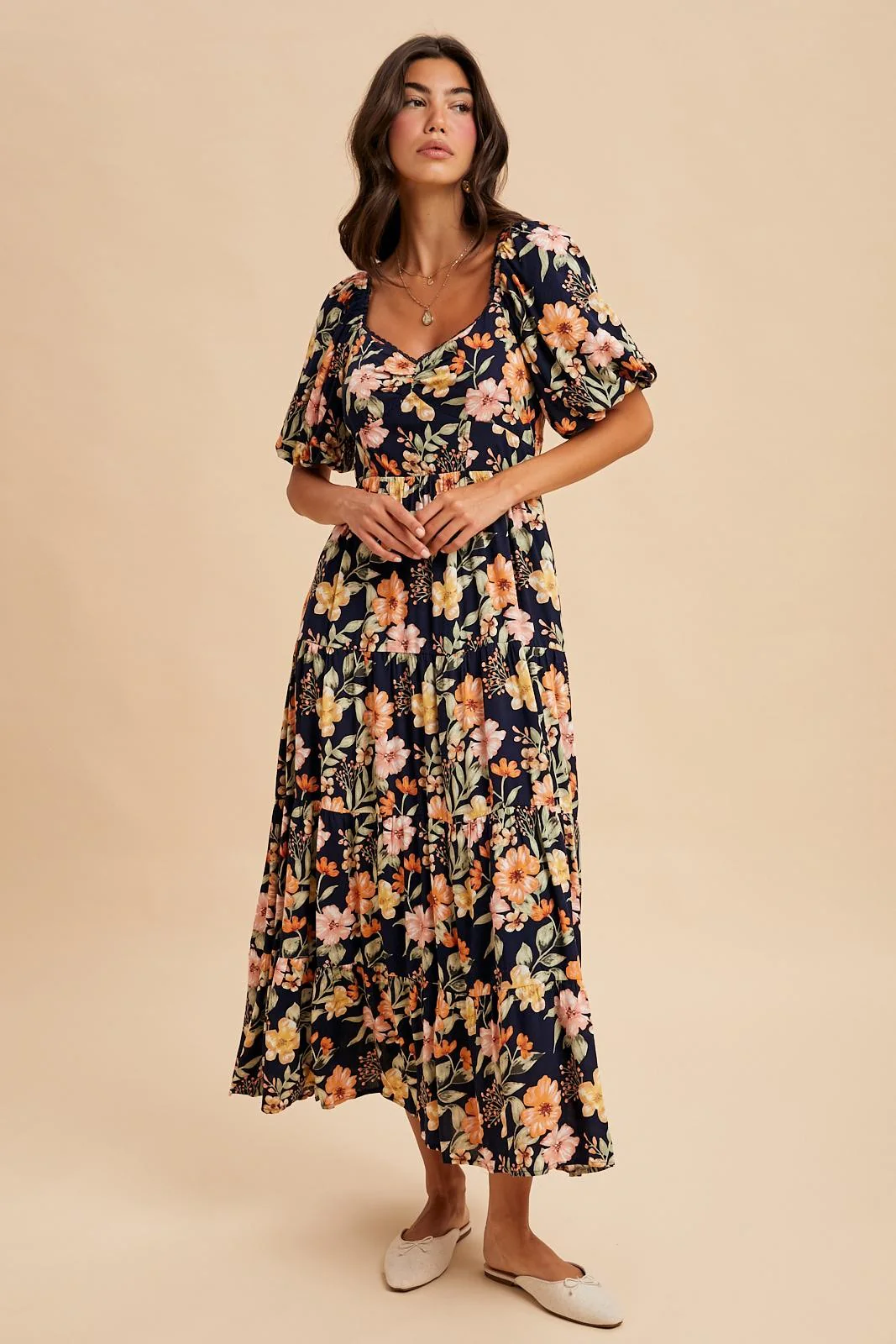 Navy Floral Tiered Puff Sleeve Maxi Dress - Image 3