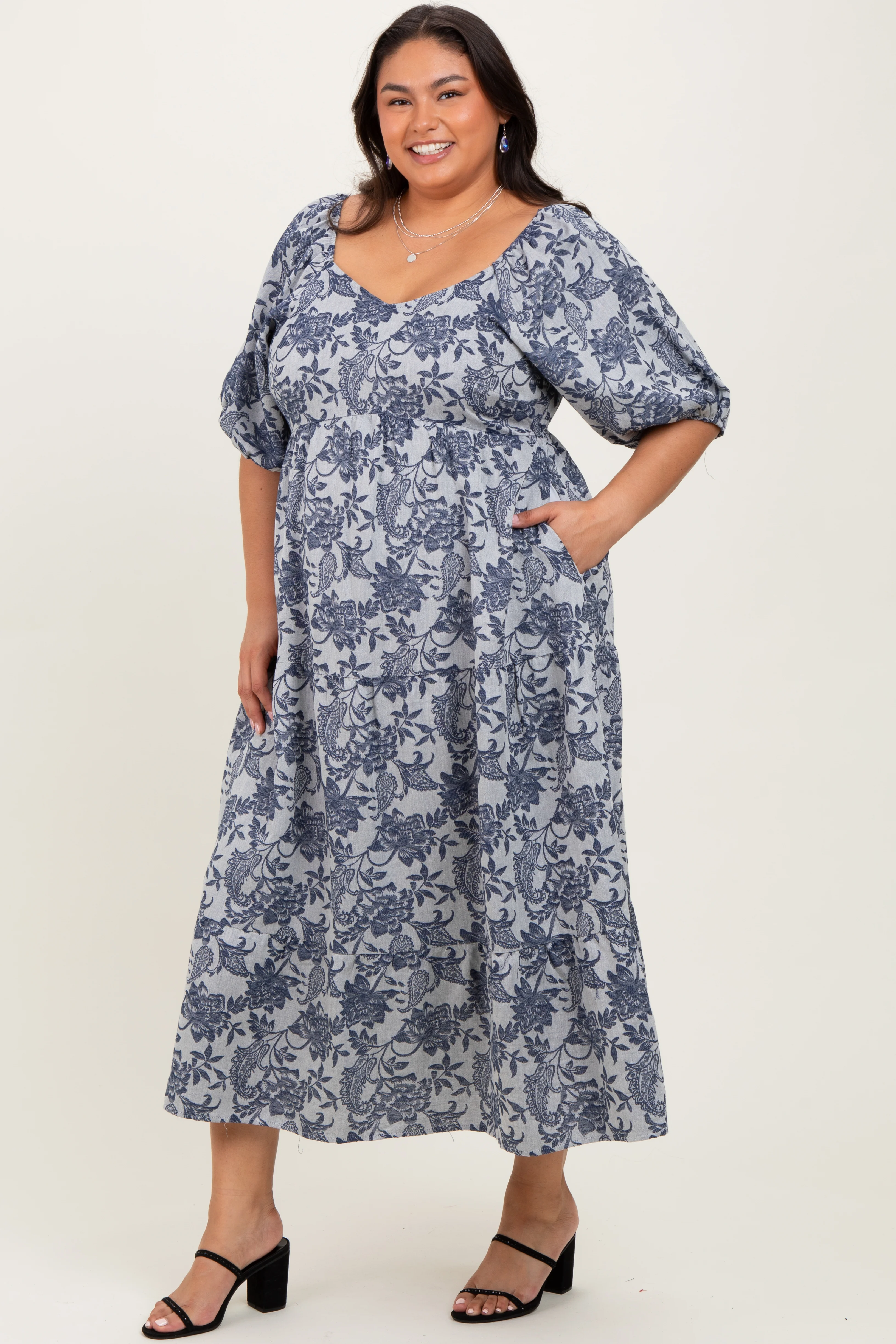 Navy Floral Tiered Puff Sleeve Plus Midi Dress - Image 2