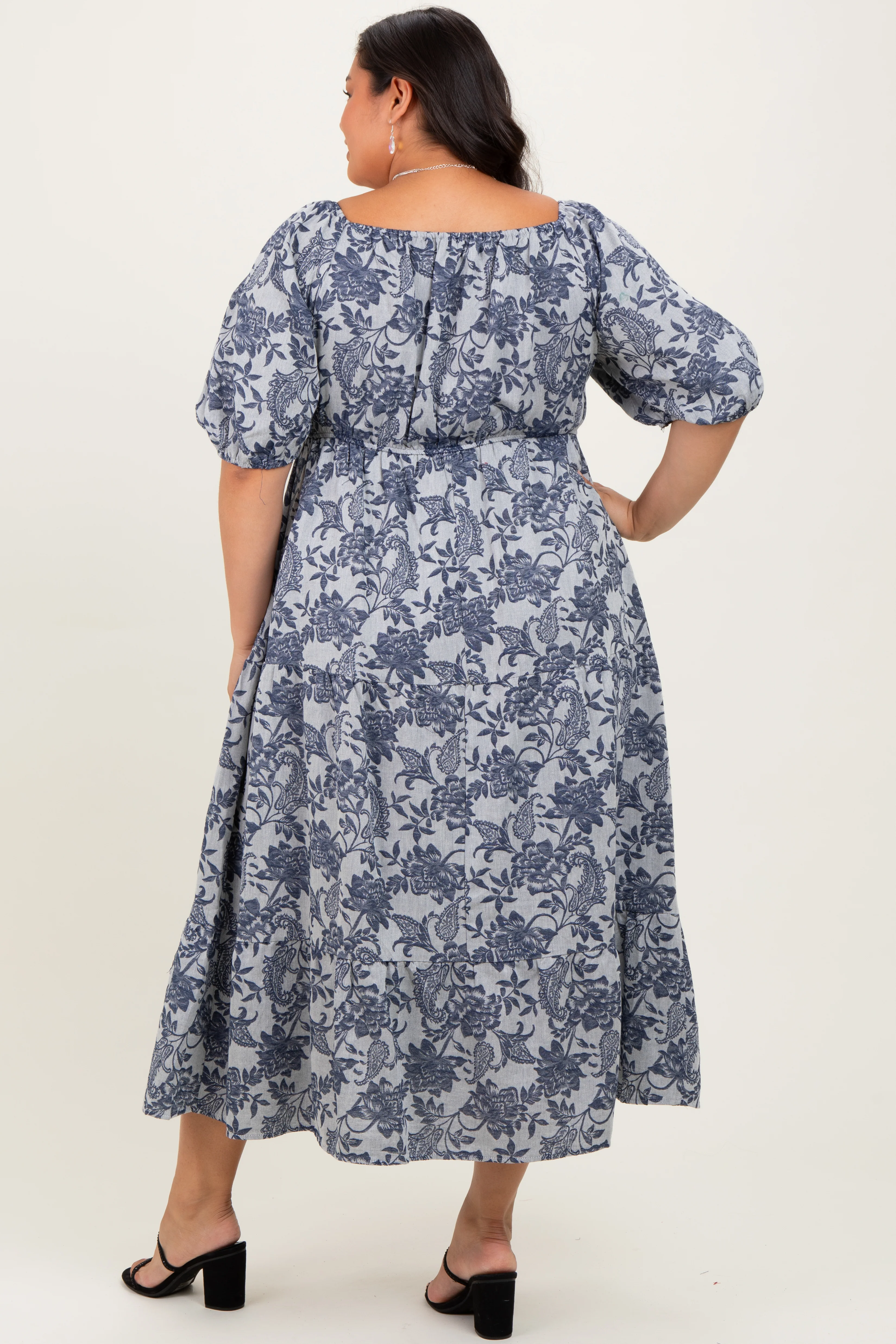 Navy Floral Tiered Puff Sleeve Plus Midi Dress - Image 3