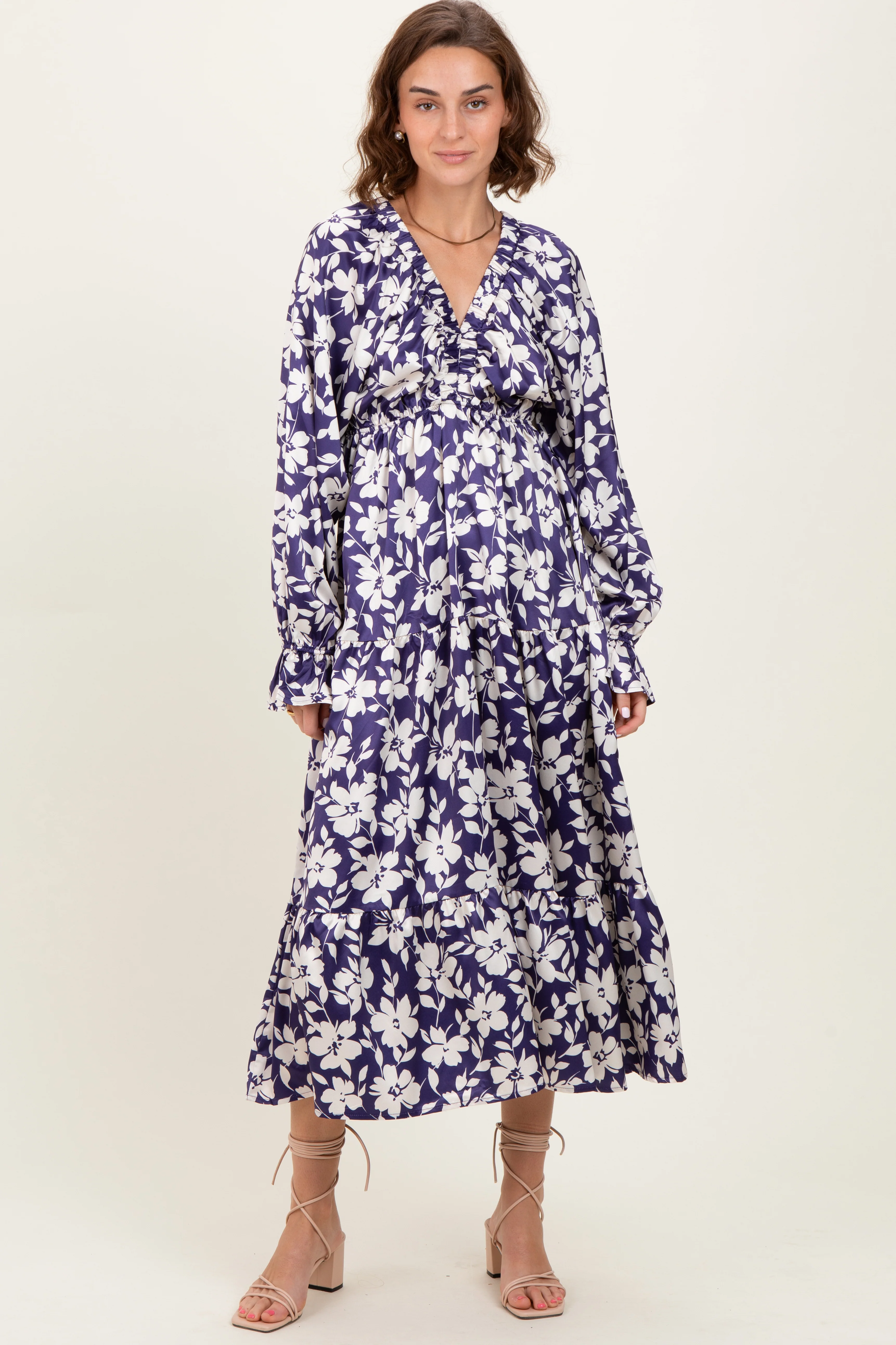 Navy Floral Tiered Ruched V-Neck Satin Maternity Maxi Dress - Image 5