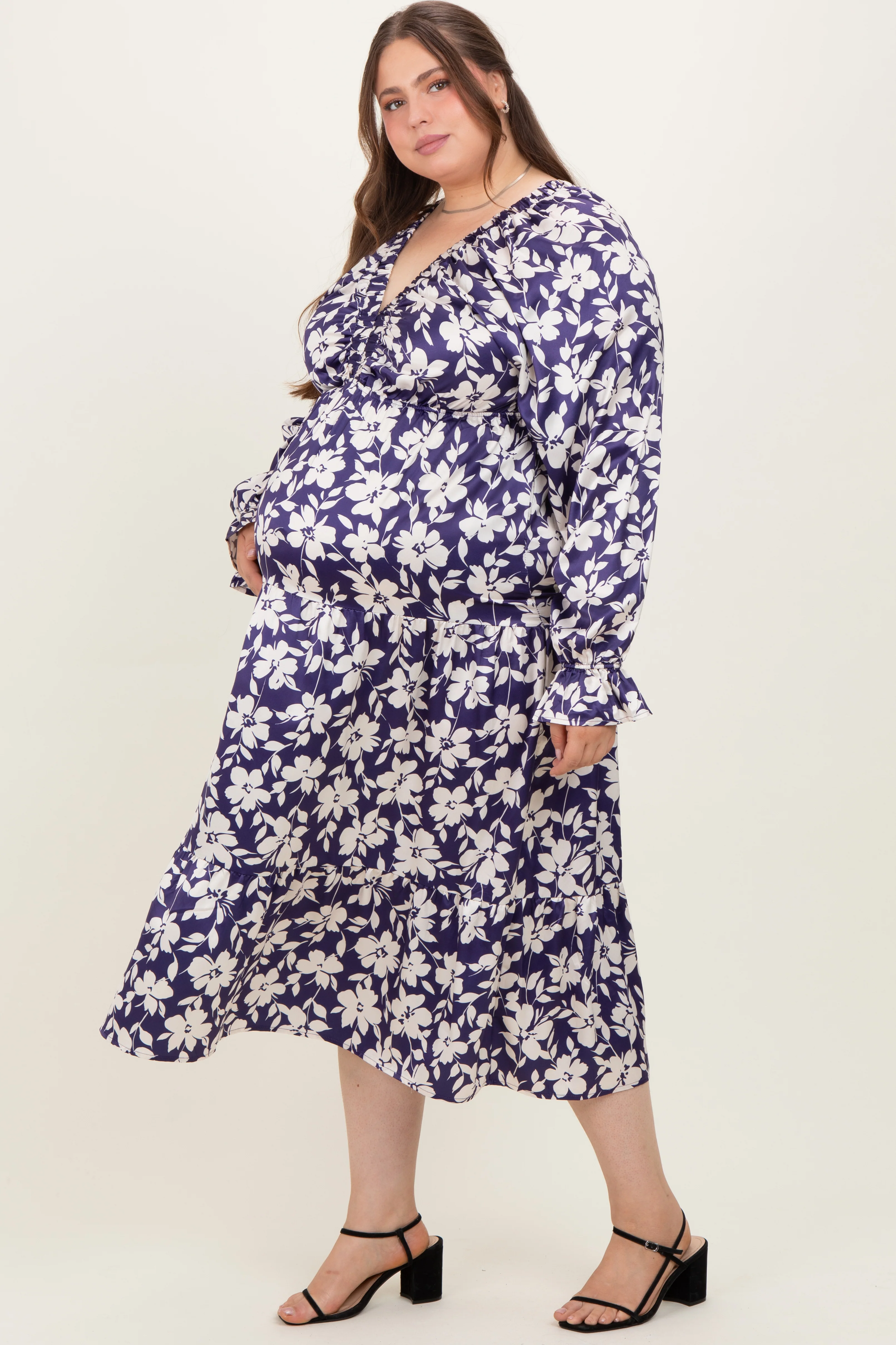 Navy Floral Tiered Ruched V-Neck Satin Plus Maternity Maxi Dress - Image 3