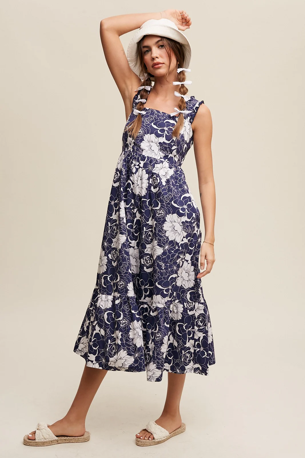 Navy Floral Tiered Sleeveless Maternity Midi Dress - Image 5