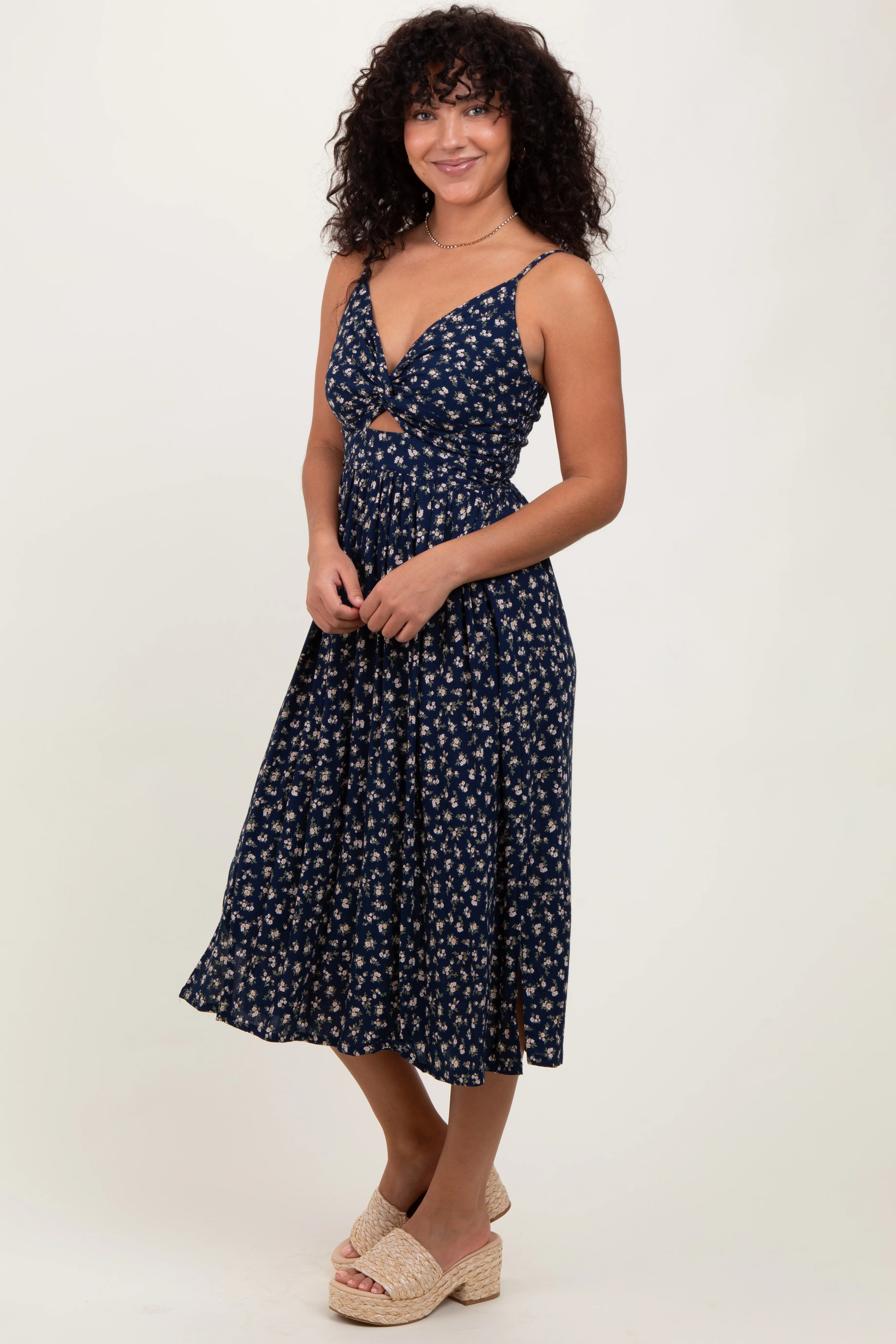 Navy Floral Twist Front Cut Out Midi Dress - Image 3