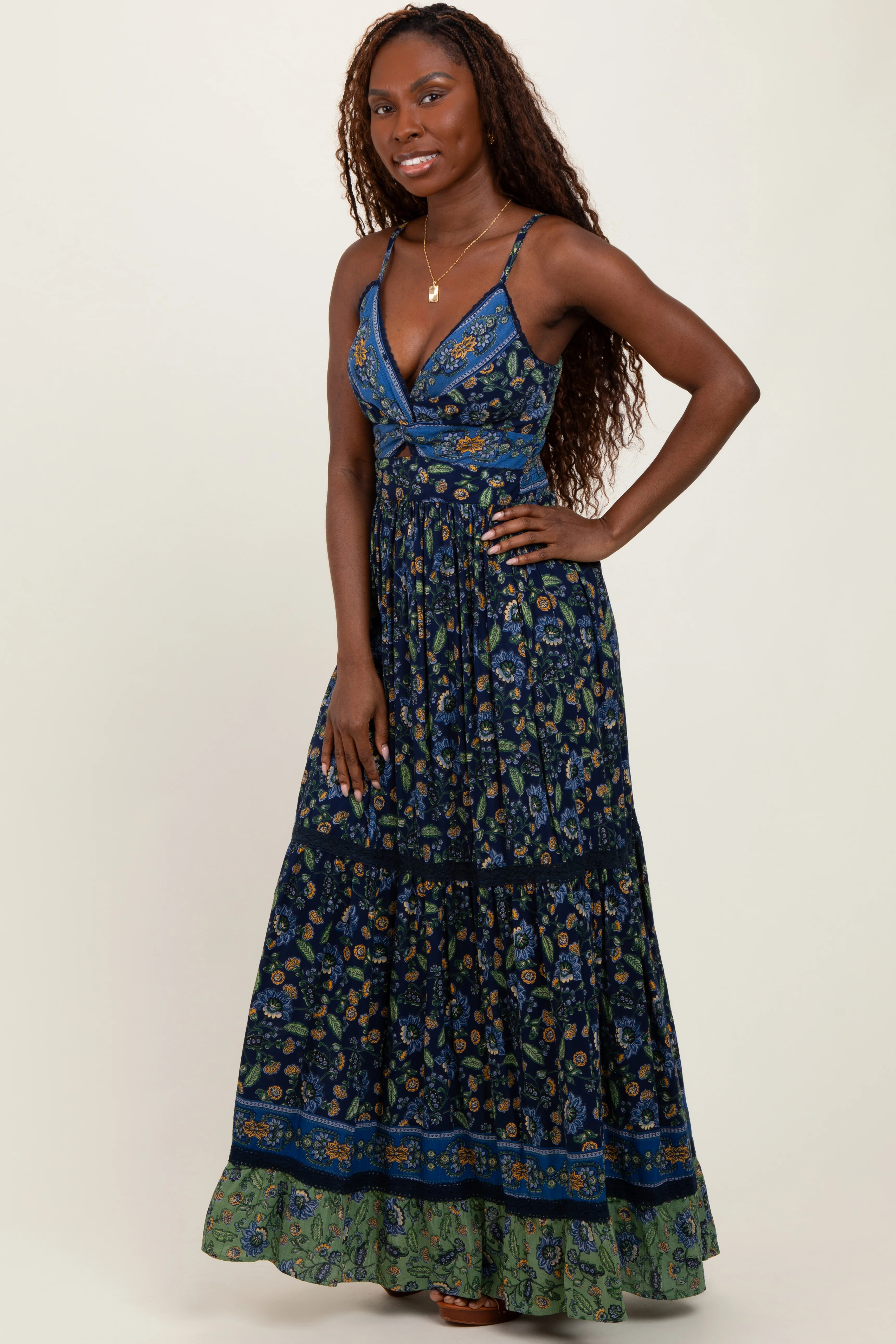 Navy Floral Twist Front Cutout Maxi Dress - Image 3