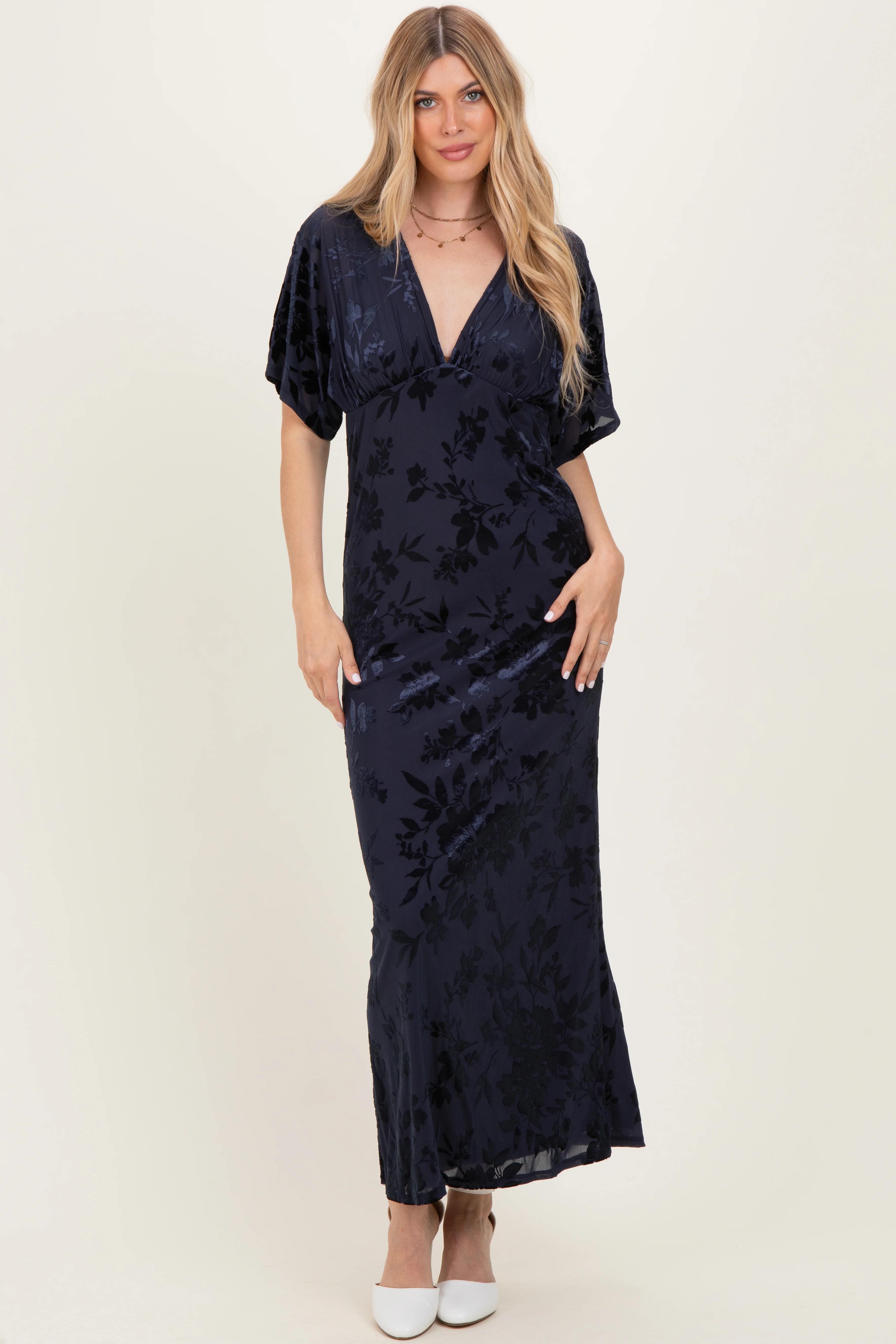 Navy Floral Velvet V-Neck Short Sleeve Maxi Dress - Image 2