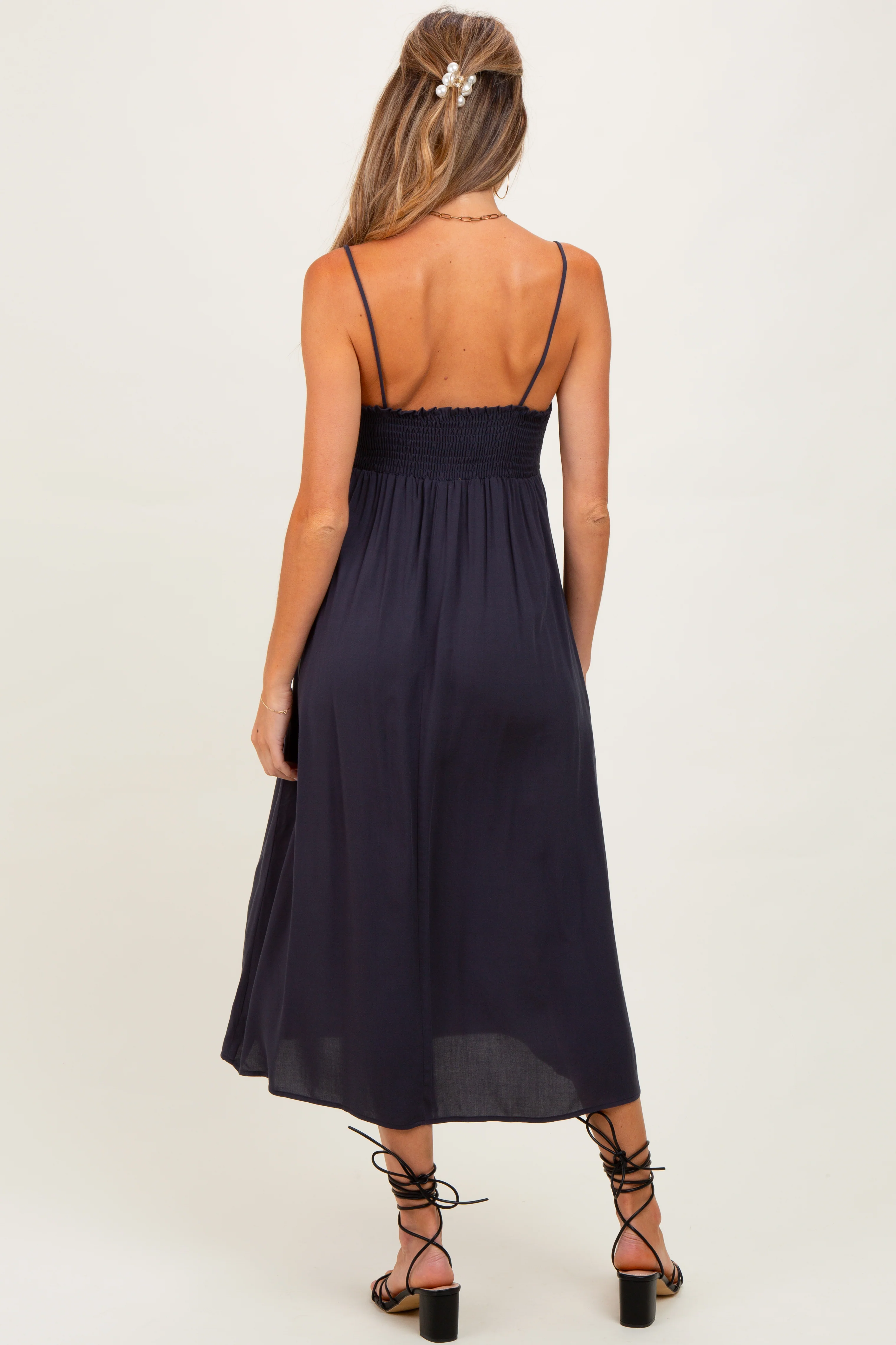Navy Front Tie Sleeveless Maternity Midi Dress - Image 3