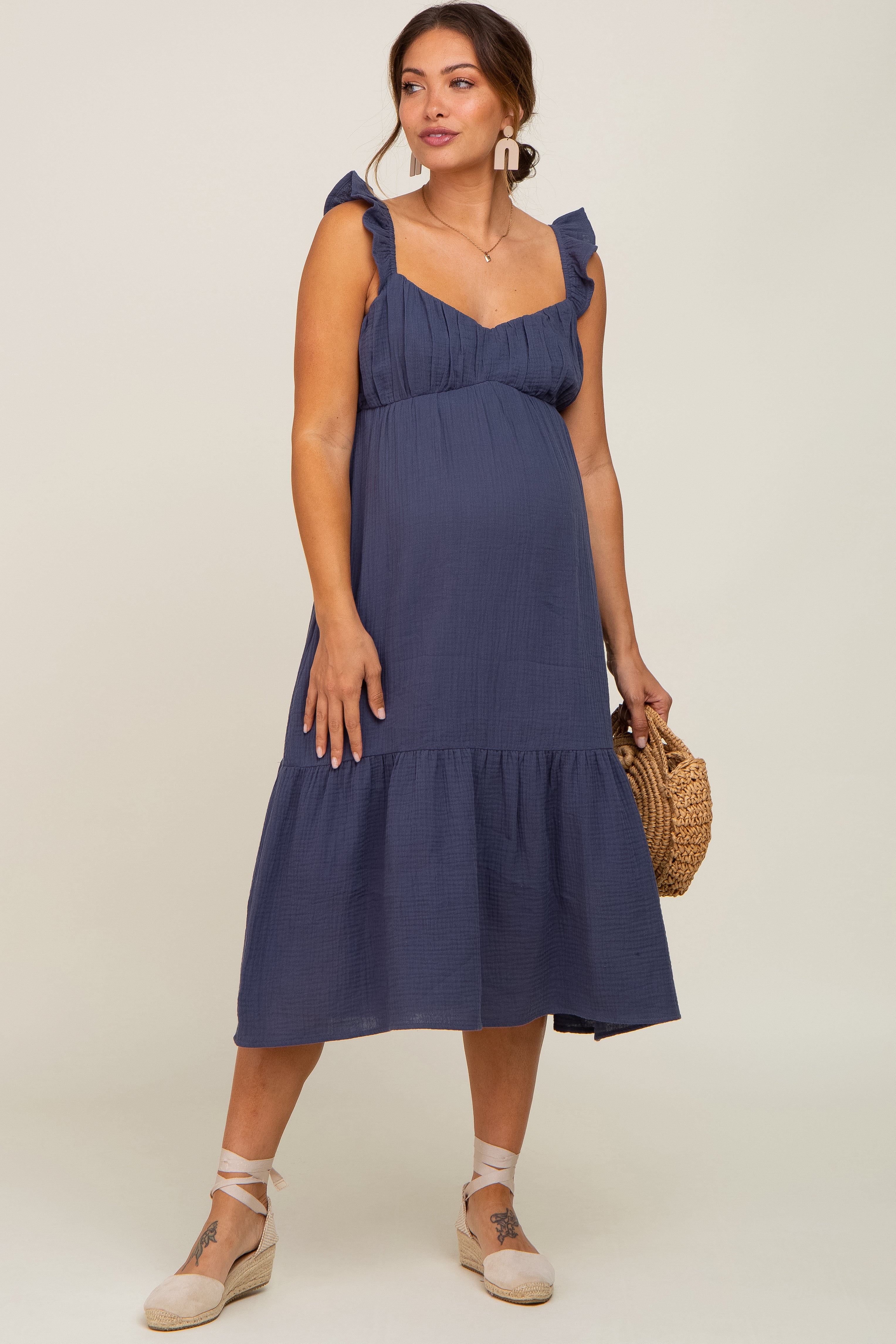 Navy Gauze Ruffle Maternity Midi Dress - Image 2
