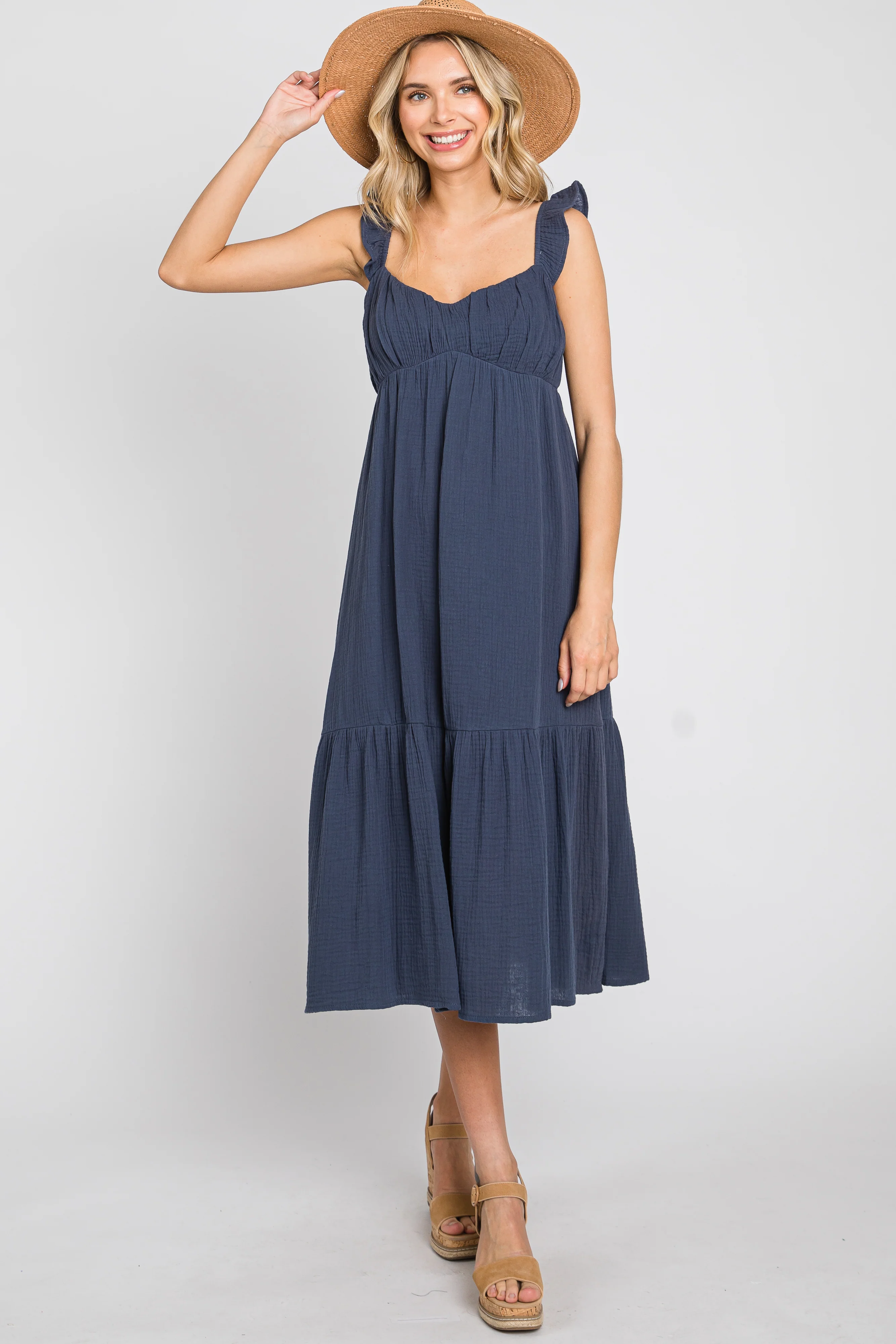 Navy Gauze Ruffle Maternity Midi Dress - Image 5