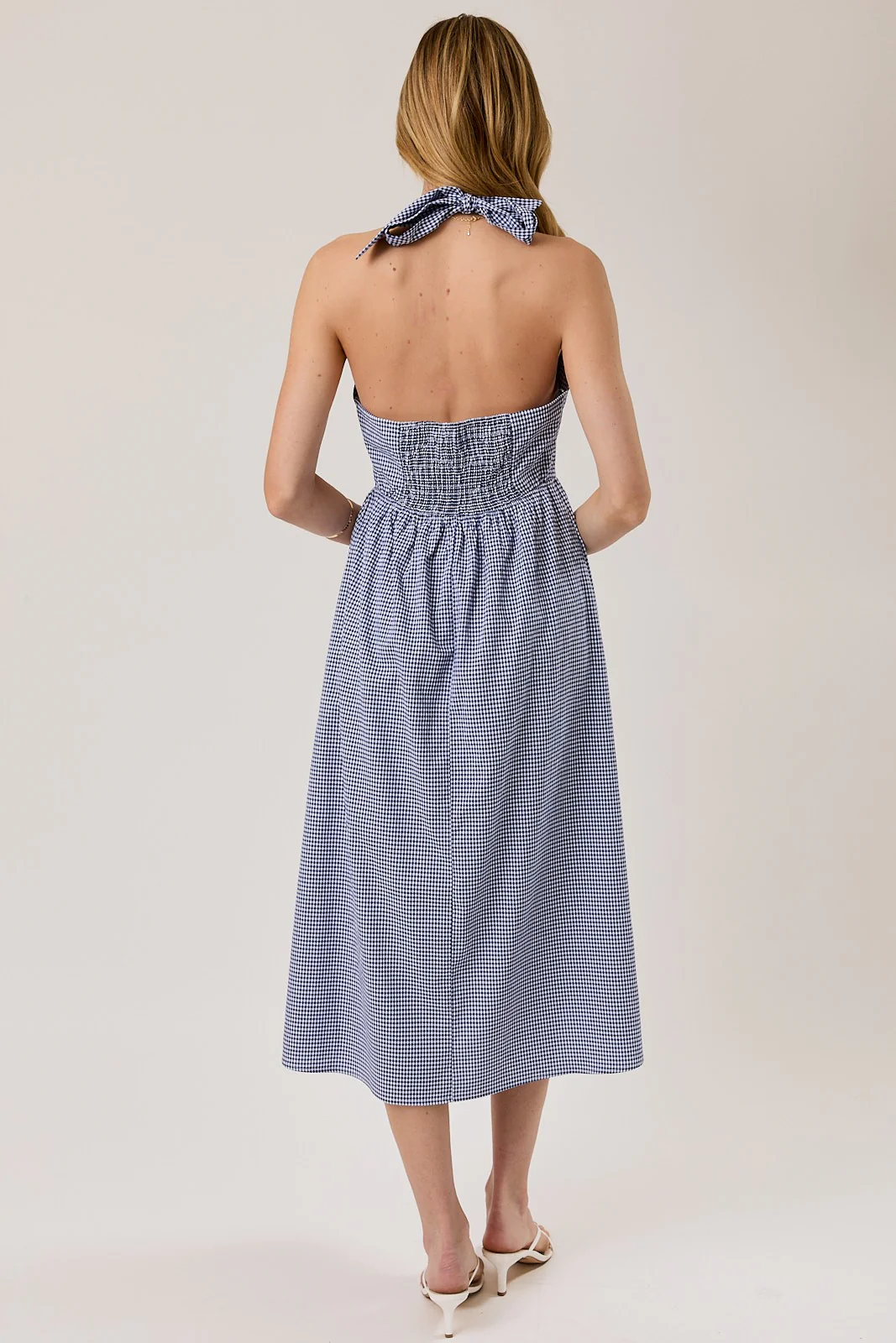 Navy Gingham Halter Neck Midi Dress - Image 3
