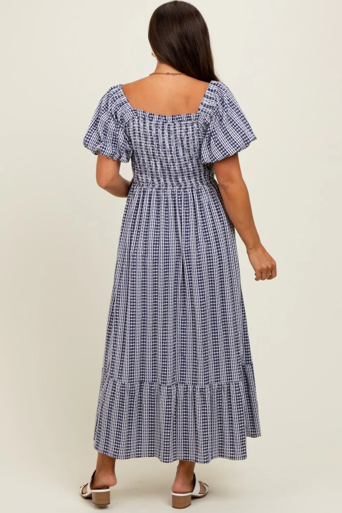 Navy Gingham Smocked Puff Sleeve Maternity Midi Dress - Image 3