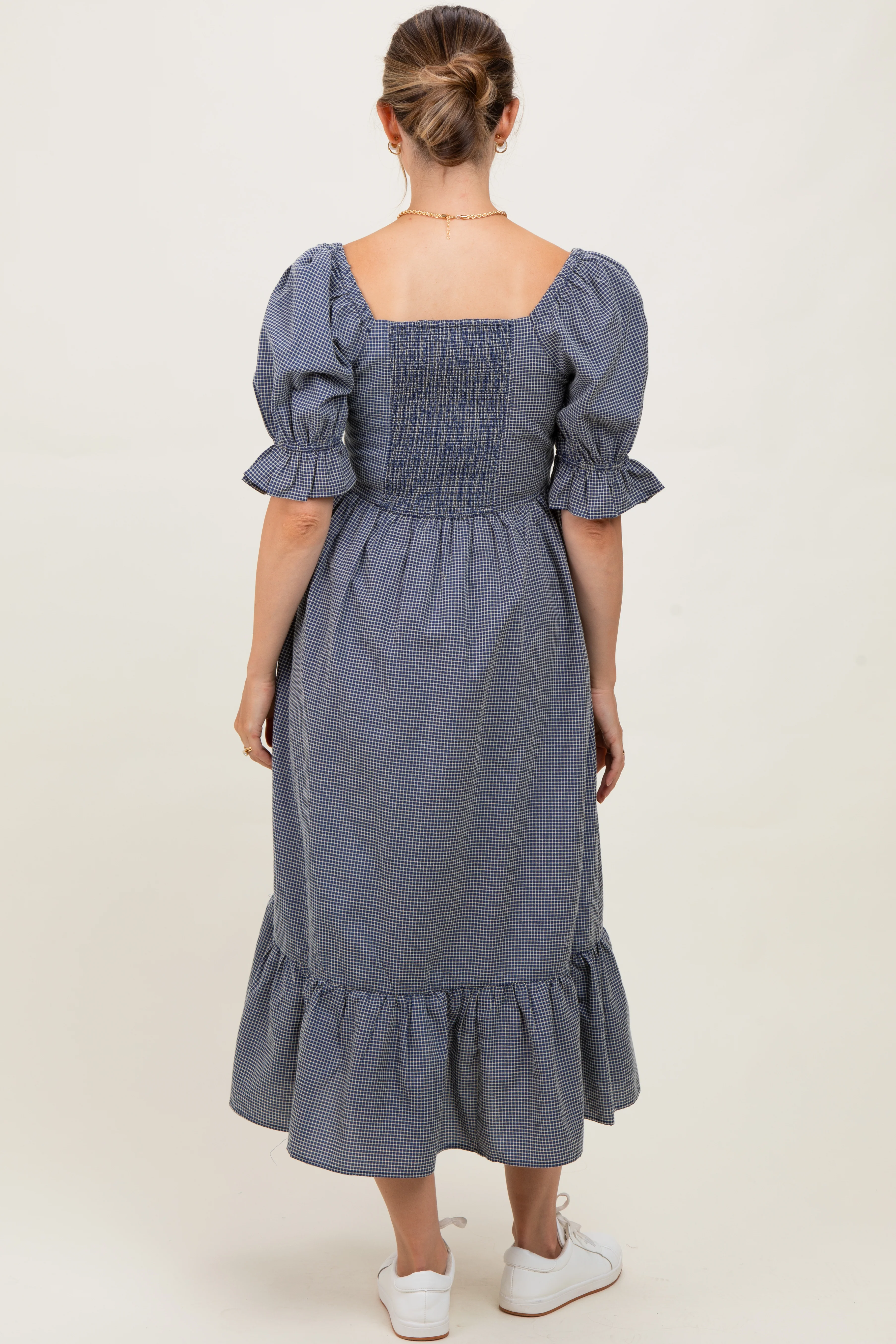 Navy Gingham Square Neck Maternity Midi Dress - Image 3