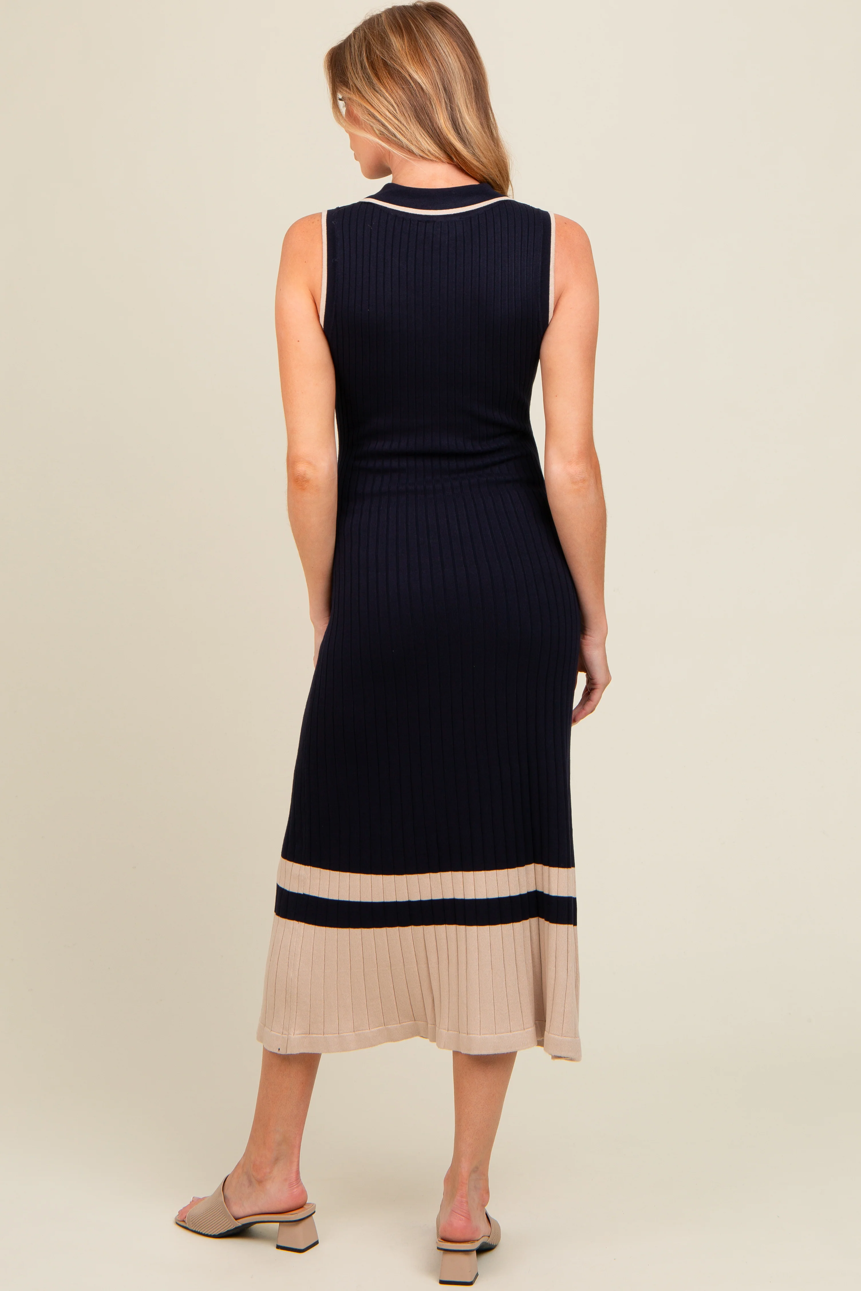 Navy Knit Button Front Contrast Border Maternity Midi Dress - Image 3
