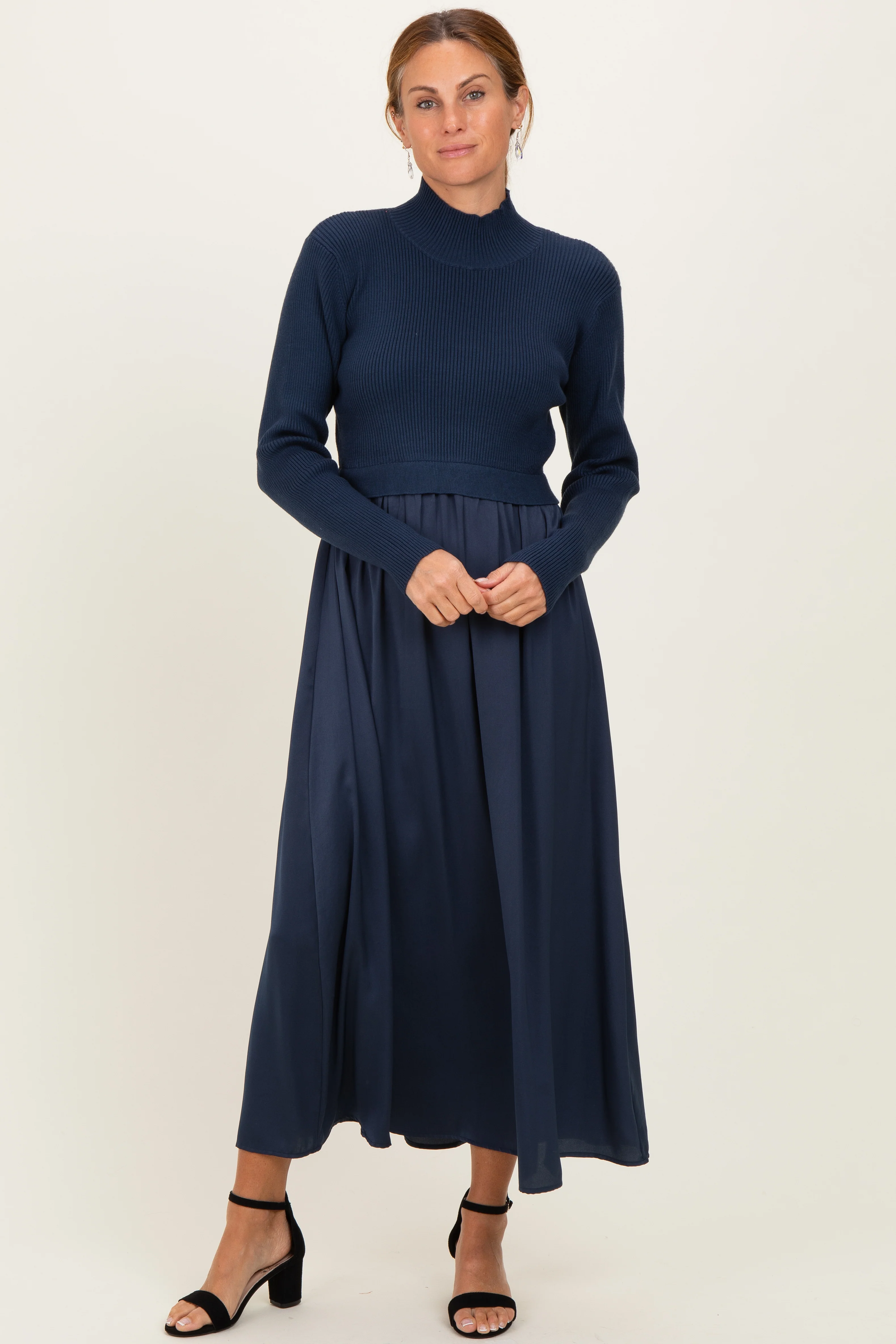 Navy Knit Contrast Top Satin Maternity Midi Dress - Image 4