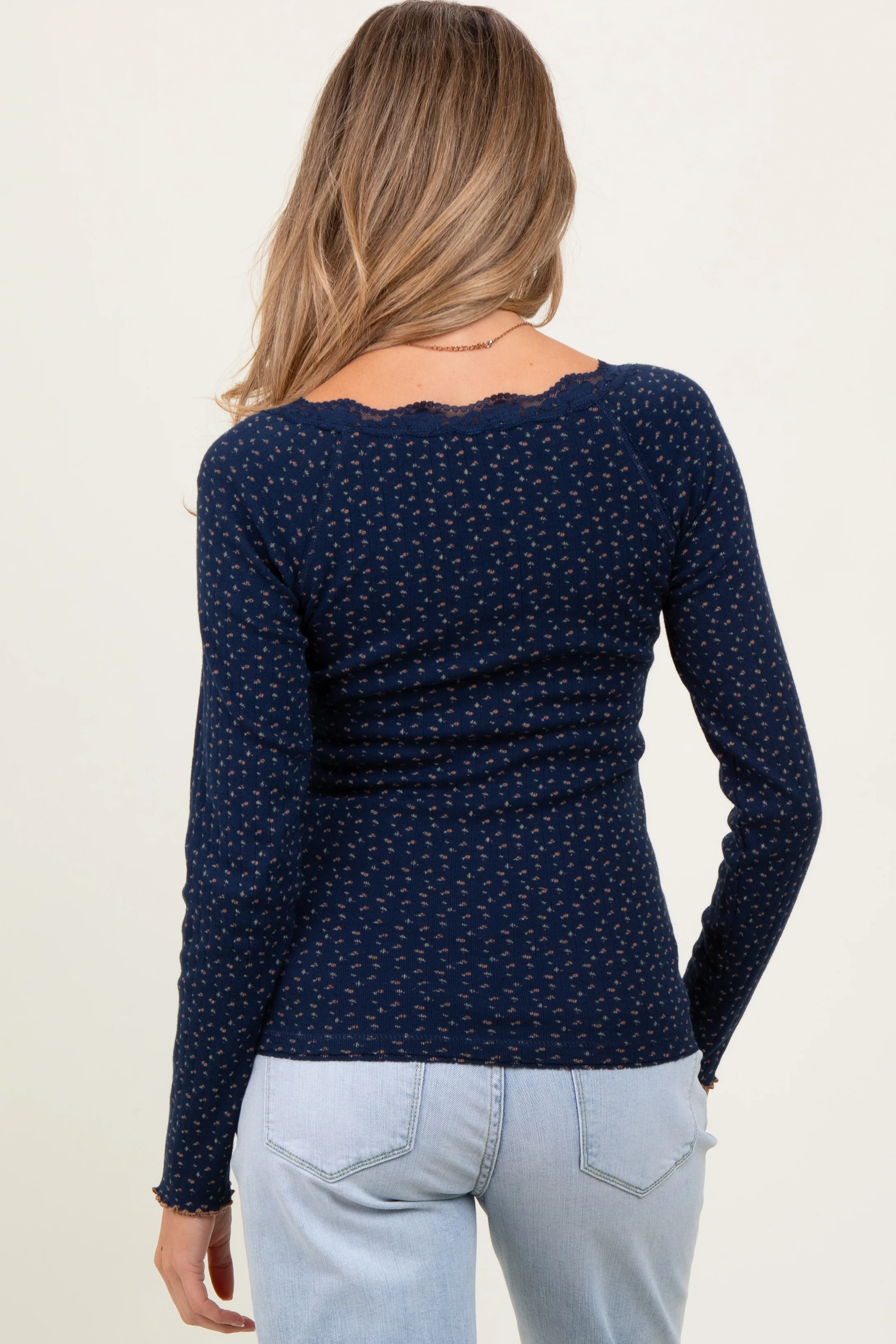 Navy Lace Trim Floral Fitted Top - Image 4